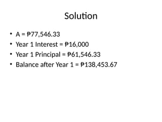 Solution
• A = ₱77,546.33
• Year 1 Interest = ₱16,000
• Year 1 Principal = ₱61,546.33
• Balance after Year 1 = ₱138,453.67
 