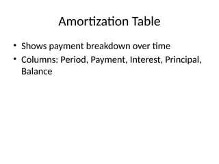 Amortization Table
• Shows payment breakdown over time
• Columns: Period, Payment, Interest, Principal,
Balance
 