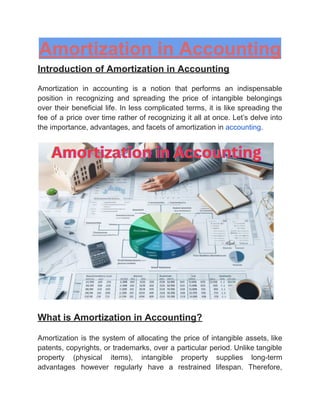 ‭
Amortization in Accounting‬
‭
Introduction of Amortization in Accounting‬
‭
Amortization‬ ‭
in‬ ‭
accounting‬ ‭
is‬ ‭
a‬ ‭
notion‬ ‭
that‬ ‭
performs‬ ‭
an‬ ‭
indispensable‬
‭
position‬ ‭
in‬ ‭
recognizing‬ ‭
and‬ ‭
spreading‬ ‭
the‬ ‭
price‬ ‭
of‬ ‭
intangible‬ ‭
belongings‬
‭
over‬‭
their‬‭
beneficial‬‭
life.‬‭
In‬‭
less‬‭
complicated‬‭
terms,‬‭
it‬‭
is‬‭
like‬‭
spreading‬‭
the‬
‭
fee‬‭
of‬‭
a‬‭
price‬‭
over‬‭
time‬‭
rather‬‭
of‬‭
recognizing‬‭
it‬‭
all‬‭
at‬‭
once.‬‭
Let’s‬‭
delve‬‭
into‬
‭
the importance, advantages, and facets of amortization in‬‭
accounting‬
‭
.‬
‭
What is Amortization in Accounting?‬
‭
Amortization‬‭
is‬‭
the‬‭
system‬‭
of‬‭
allocating‬‭
the‬‭
price‬‭
of‬‭
intangible‬‭
assets,‬‭
like‬
‭
patents,‬‭
copyrights,‬‭
or‬‭
trademarks,‬‭
over‬‭
a‬‭
particular‬‭
period.‬‭
Unlike‬‭
tangible‬
‭
property‬ ‭
(physical‬ ‭
items),‬ ‭
intangible‬ ‭
property‬ ‭
supplies‬ ‭
long-term‬
‭
advantages‬ ‭
however‬ ‭
regularly‬ ‭
have‬ ‭
a‬ ‭
restrained‬ ‭
lifespan.‬ ‭
Therefore,‬
 