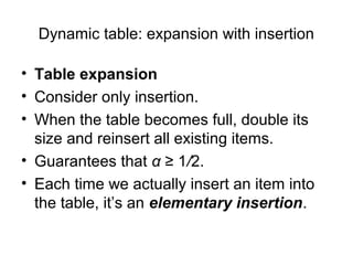 Dynamic table: expansion with insertion
• Table expansion
• Consider only insertion.
• When the table becomes full, double its
size and reinsert all existing items.
• Guarantees that α ≥ 1/2.
• Each time we actually insert an item into
the table, it’s an elementary insertion.
 