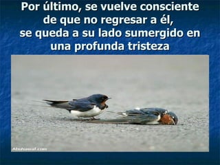 Por último, se vuelve consciente de que no regresar a él,  se queda a su lado sumergido en una profunda tristeza 