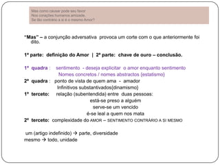 Mas como causar pode seu favor
   Nos corações humanos amizade,
   Se tão contrário a si é o mesmo Amor?



“Mas” – a conjunção adversativa provoca um corte com o que anteriormente foi
  dito.

1ª parte: definição do Amor | 2ª parte: chave de ouro – conclusão.

1ª quadra :   sentimento - deseja explicitar o amor enquanto sentimento
               Nomes concretos / nomes abstractos {estatismo}
2ª quadra : ponto de vista de quem ama - amador
              Infinitivos substantivados{dinamismo}
1º terceto: relação (subentendida) entre duas pessoas:
                               está-se preso a alguém
                                serve-se um vencido
                             é-se leal a quem nos mata
2º terceto: complexidade do AMOR – SENTIMENTO CONTRÁRIO A SI MESMO

um (artigo indefinido)  parte, diversidade
mesmo  todo, unidade
 