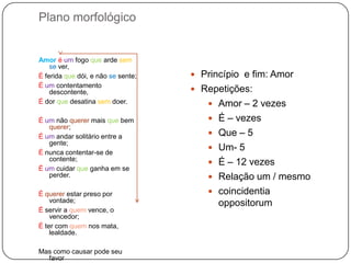 Plano morfológico


Amor é um fogo que arde sem
    se ver,
É ferida que dói, e não se sente;    Princípio e fim: Amor
É um contentamento
    descontente,                     Repetições:
É dor que desatina sem doer.            Amor – 2 vezes
É um não querer mais que bem            É – vezes
   querer;
É um andar solitário entre a            Que – 5
   gente;
                                        Um- 5
É nunca contentar-se de
   contente;
                                        É – 12 vezes
É um cuidar que ganha em se
   perder.                              Relação um / mesmo
É querer estar preso por                coincidentia
    vontade;                              oppositorum
É servir a quem vence, o
    vencedor;
É ter com quem nos mata,
    lealdade.

Mas como causar pode seu
  favor
 