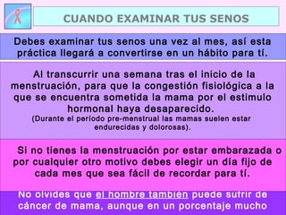 No olvides que el hombre también puede sufrir de
cáncer de mama, aunque en un porcentaje mucho
Debes examinar tus senos una vez al mes, así esta
práctica llegará a convertirse en un hábito para tí.
Al transcurrir una semana tras el inicio de la
menstruación, para que la congestión fisiológica a la
que se encuentra sometida la mama por el estimulo
hormonal haya desaparecido.
(Durante el período pre-menstrual las mamas suelen estar
endurecidas y dolorosas).
Si no tienes la menstruación por estar embarazada o
por cualquier otro motivo debes elegir un día fijo de
cada mes que sea fácil de recordar para tí.
CUANDO EXAMINAR TUS SENOS
 