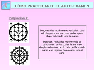 Palpación B
CÓMO PRACTICARTE EL AUTO-EXAMEN
Luego realiza movimientos verticales, para
ello desplaza la mano para arriba y para
abajo, cubriendo toda la mama.
Después, realiza los movimientos de
cuadrantes, en los cuales la mano se
desplaza desde el pezón, a la periferia de la
mama y se regresa, hasta cubrir todo el
seno.
 