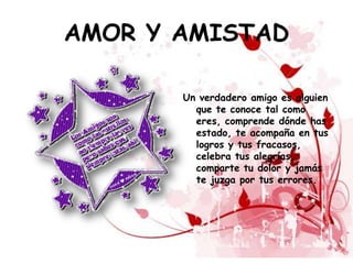 AMOR Y AMISTAD

       Un verdadero amigo es alguien
         que te conoce tal como
         eres, comprende dónde has
         estado, te acompaña en tus
         logros y tus fracasos,
         celebra tus alegrías,
         comparte tu dolor y jamás
         te juzga por tus errores.
 