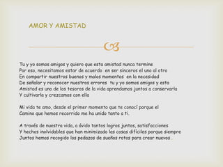 AMOR Y AMISTAD


                                      
Tu y yo somos amigos y quiero que esta amistad nunca termine
Por eso, necesitamos estar de acuerdo en ser sinceros el uno al otro
En compartir nuestros buenos y malos momentos en la necesidad
De señalar y reconocer nuestros errores tu y yo somos amigos y esta
Amistad es uno de los tesoros de la vida aprendamos juntos a conservarla
Y cultivarla y crezcamos con ella

Mi vida te amo, desde el primer momento que te conocí porque el
Camino que hemos recorrido me ha unido tanto a ti.

A través de nuestra vida, a ávido tantos logros juntos, satisfacciones
Y hechos inolvidables que han minimizado las cosas difíciles porque siempre
Juntos hemos recogido los pedazos de sueños rotos para crear nuevos…
 