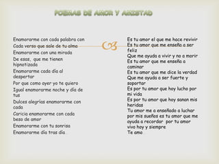 
Enamorarme con cada palabra con       Es tu amor el que me hace revivir
Cada verso que sale de tu alma        Es tu amor que me enseña a ser
Enamorarme con una mirada             feliz
                                      Que me ayuda a vivir y no a morir
De esas, que me tienen                Es tu amor que me enseña a
hipnotizada                           caminar
Enamorarme cada día al                Es tu amor que me dice la verdad
despertar                             Que me ayuda a ser fuerte y
Por que como ayer yo te quiero        soportar
Igual enamorarme noche y día de       Es por tu amor que hoy lucho por
tus                                   mi vida
Dulces alegrías enamorarme con        Es por tu amor que hoy sanan mis
cada                                  heridas
                                      Tu amor me a enseñado a luchar
Caricia enamorarme con cada           por mis sueños es tu amor que me
beso de amor                          ayuda a recordar por tu amor
Enamorarme con tu sonrisa             vivo hoy y siempre
Enamorarme día tras día…              Te amo…
 