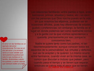 Las relaciones familiares -entre padres e hijos, entre
                                  hermanos, primos, abuelos y nietos, etc.- es decir,
                                 con las personas que Dios nos ha puesto en la vida,
                                     sin que nosotros las elijamos, pudieran ser en
                                 ocasiones difíciles, pues hay diferencias de edades,
                                  gustos y preferencias; sin embargo, la familia es el
                                lugar en donde podemos ser como realmente somos
                                     y a la gente con la que vivimos aprendemos a
                                       quererla, precisamente por eso, porque la
                                                    conocemos bien.
El amor en las familias es un        Nadie te quiere tanto como tus padres, ni tan
ejemplo del amor
incondicional. Por eso en el
                                   desinteresadamente; aunque conocen todos los
día del amor y la amistad,      aspectos de tu personalidad, tus virtudes y defectos,
sería un buen detalle que          aun así te aceptan y te quieren. Lo mismo ocurre
demuestres la gratitud por
todo lo que recibes en tu        entre hermanos, cuando viven en la misma casa, es
familia, diciéndoles cuánto         común que discutan e incluso que peleen, pero
los quieres y cuánto valoras
que siempre estén a tu lado         cuando pasa el tiempo y se tienen que separar,
                                    entonces se EL AMOR EN FAMILIA se tienen.
                                                  valora más el amor que
 