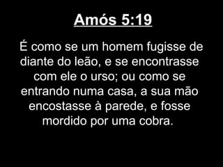 Amós 5:19
É como se um homem fugisse de
diante do leão, e se encontrasse
   com ele o urso; ou como se
entrando numa casa, a sua mão
  encostasse à parede, e fosse
    mordido por uma cobra.
 