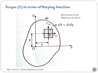 Torque (T) in terms ofWarping function
16
Shear stresses on the
shaded area are shown
Ref:S.Anil Lal ,Advanced Mechanics of Solids
 