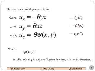 The components of displacements are;
Where,
is calledWarping function orTorsion function. It is a scalar function.
8
Dr. Mathew John S4 ME - AMOS GEC Barton Hill
 
