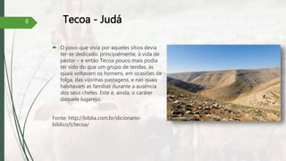 Tecoa - Judá
 O povo que vivia por aqueles sítios devia
ter-se dedicado, principalmente, à vida de
pastor – e então Tecoa pouco mais podia
ter sido do que um grupo de tendas, às
quais voltavam os homens, em ocasiões de
folga, das vizinhas pastagens, e nas quais
habitavam as famílias durante a ausência
dos seus chefes. Este é, ainda, o caráter
daquele lugarejo.
Fonte: http://biblia.com.br/dicionario-
biblico/t/tecoa/
6
 