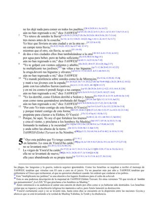 7

8

9

10

11

12

13

5
2

no les dejé nada para comer en todos los pueblos; [2R 6:25-29; 8:1; Ez 16:27]
aún no han regresado a mí," dice YAHWEH.[cp 8,9; 2Cr 28:22; Is 9:13; 26:11; Je 5:3; 8:5-7; Os 5:15; 6:1 ]
"Yo retuve de ustedes la lluvia[Le 26:18-21,23-24,27-28; De 28:23-24; 1R 8:35-36; 2Cr 7:13-14]
tres meses antes de la cosecha.[Is 5:6; Je 3:3; 5:24-25; 14:4,22; Hag 1:10-11; Zc 14:17; Ya 5:17 ]
Yo hice que lloviera en una ciudad y en la otra no –[Jl 2:23 Jn 4:35]
un campo tenía lluvia,[Ex 8:22; 9:4,26; 10:23; Jue 6:37 -40; 1C 4:7 ]
mientras que el otro, sin lluvia, se secó;[Jl 1:10-18]
de dos o tres ciudades ellos iban tambaleándose a la otra[1R 18:5; Is 41:17-18; Je 14:3 ]
por agua para beber, pero no había suficiente;[Ez 4:16; Mi 6:14; Hag 1:6 ]
aún no han regresado a mí," dice YAHWEH.[cp 6,9 -11; Je 23:14; Os 7:10]
"Yo te golpeé con vientos calientes y añublo,[De 28:22; 1R 8:37; 2Cr 6:28; Hag 2:17]
tu multiplicaste tus jardines,[37] tus viñas y tus higueras;[cp 7:1 -2; De 28:42; Jl 1:4 2:25]
la oruga devoró tus higueras y olivares; [cp 6,8; Is 1:5; 42:24-25; Je 5:3; Job 36:8-13]
aún no han regresado a mí," dice YAHWEH.
"Yo mandé pestilencia sobre ustedes como la de Mitzrayim, [Ex 9:3-6; 12:29-30; 15:26]
y maté a tus jóvenes con la espada;[Le 26:16,25; De 7:15; 28:22,27,60; Sal 78:49-50][Le 26:25; 2R 8:12; 10:32]
junto con tus caballos fueron cautivos;[Je 6:11; 11:22; 18:21; 48:15][2R 13:3,7]
y en mi ira contra ti prendí fuego a tus campos;[cp 8:3; De 28:26; Je 8:1-2; 9:22; 15:3; 16:4; Jl 2:20]
aún no han regresado a mí," dice YAHWEH.[cp 6; Ex 8:19; 9:12,17,34-35; 10:3,27; 14:4]
"Yo los derribé, como Elohim derribó a Sedom y Amora;[Ge 19:24 -25; Is 13:19; Je 49:18; Os 11:8]
eran como rama quemándose arrebatada del fuego;[2P 2:6; Jud 7][Zc 3:2; 1C 3:15; Jud 23]
aún no han regresado a mí," dice YAHWEH.[cp 6; Je 6:28-30; Ez 22:17-22; 24:13; Re 9:20]
"Por esto Yo trato contigo de esta forma, O Yisra'el;[cp 5:4-15; Is 47:3; Ez 13:5; 22:30; Os 13:8]
y porque trataré contigo de esta forma,[Mt 5:25; 24:44 -51][Mt 25:1-13; Mr 13:32-37; Lu 14:31-32; 21:3 -36]
prepárate para clamar a tu Elohim, O Yisra'el –[1Ts 5:2-4 Yas 4:1 -10; Re 3:3 ]
Porque, he aquí, Yo soy el que fortalece los truenos[Is 40:12; Zc 12:1; Job 38:4 -11; Sal 65:6 ]
y crea el viento, y proclama a los hombres Su Mashíaj;[Sal 135:7; 147:18; Je 10:13; 51:16]
formando la mañana y la oscuridad [Jn 3:8][Sal 139:2; Da 2:28; Mt 9:4; Lu 7:39,40; Jn 2:25]
y anda sobre las alturas de la tierra –[De 32:13; 33:29; Mi 1:3; Hab 3:19]
YAHWEH-Elohei Tzevaot es Su Nombre."[38][cp 3:13; 5:8; 6:8; 9:6; Is 47:4; 48:2; Je 10:16; 51:19]
1

Oye esta palabra que Yo tengo contra ti[3:1 4:1 ]
en lamento. La casa de Yisra'el ha caído,[ 39][cp 16; Je 7:29; 9:10,17,20; Ez 19:1,14; 26:17; 27:2,27-32]
no se levantará más :[Ez 28:12; 32:2,16; Mi 2:4]
La virgen de Yisra'el ha caído;[Is 37:22; Je 14:17; 18:13; 31:4; La 2:13][2R 15:29; 17:16; Is 3:8; Os 14:1 ]
ella no se levantará de nuevo, [ 40][Is 14:21; 24:20; 43:17; Je 51:64 ][Je 4:20]
ella yace abandonada en su propia tierra[cp 7:2-5 9:11; Is 51:17-18; Je 2:27; 30:12-14]

las plagas, las langostas y la guerra, todavía seguían ignorándolo. Como los Israelitas se negaban a recibir el mensaje de
YAHWEH, tendrían que vérselas con El cara a cara en el juicio. Ya no pasarían más por alto a YAHWEH; tendrían que
enfrentarse al Único que rechazaron, al que no quisieron obedecer cuando les ordenó que cuidaran a los pobres.
37
Esto "multiplicaste tus jardines" es una alusión a los lugares frondosos para el culto de asherah.
38
Esta es una poderosa descripción de la majestad de YAHWEH Elohim Tzevaot. En otras versiones "El que revela al hombre
sus pensamientos"; La LXX "El que proclama a los hombres su Mashíaj."
39
Amós estremeció a su audiencia al cantar una canción de duelo por ellos como si ya hubieran sido destruidos. Los Israelitas
creían que su riqueza y su hechicería religiosa los mantenía a salvo, pero Amós lamentó su destrucción.
40
Yisra'el ciertamente cayó y no se levantó más, hasta estos días se encuentra en la dispersión entre las naciones Goyim, y
ahora es que se está levantando a la verdad de Mashíaj Yahshúa, la Toráh y la obediencia.

 