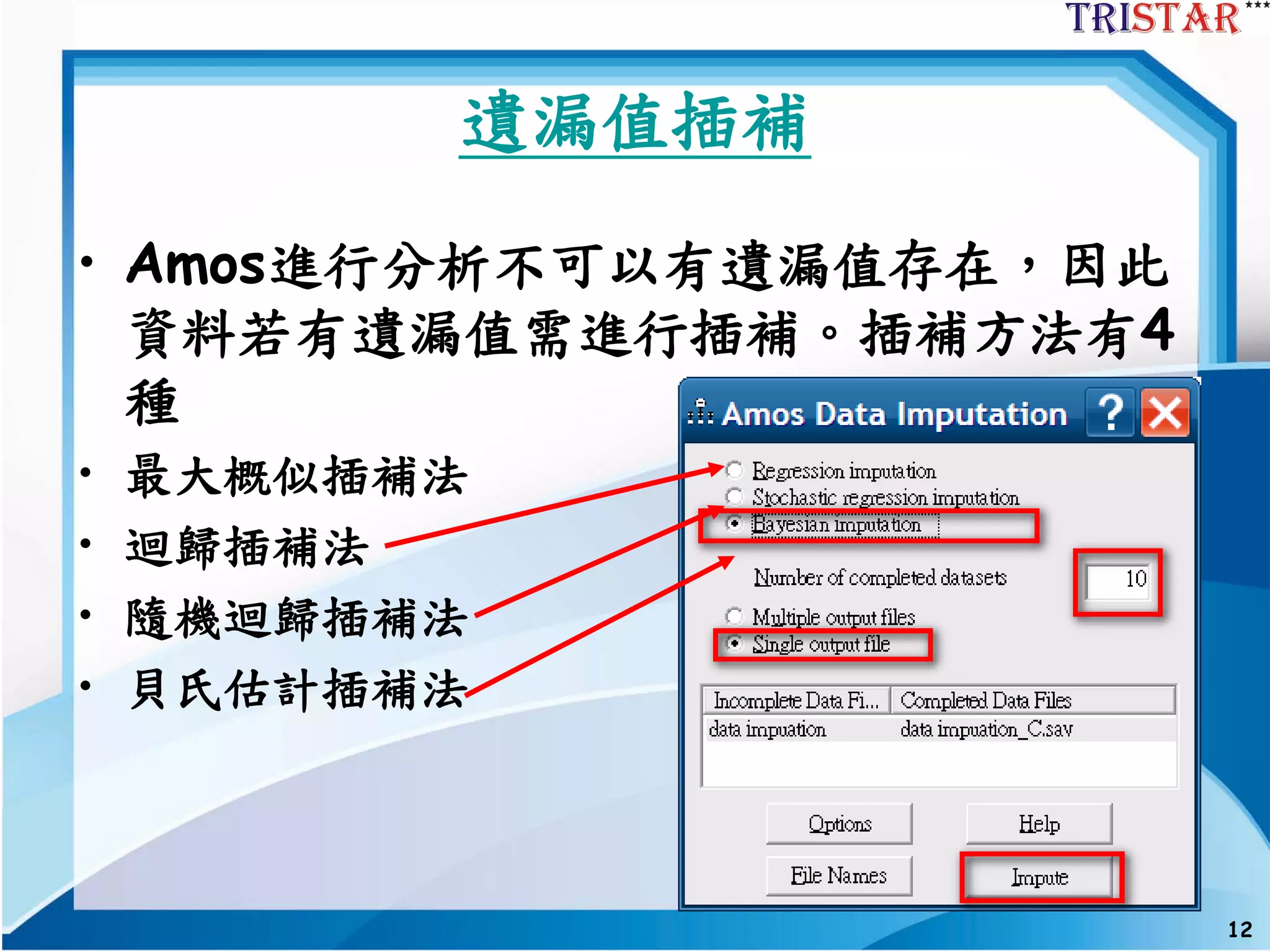 12
12
遺漏值插補
• Amos進行分析不可以有遺漏值存在，因此
資料若有遺漏值需進行插補。插補方法有4
種
• 最大概似插補法
• 迴歸插補法
• 隨機迴歸插補法
• 貝氏估計插補法
 