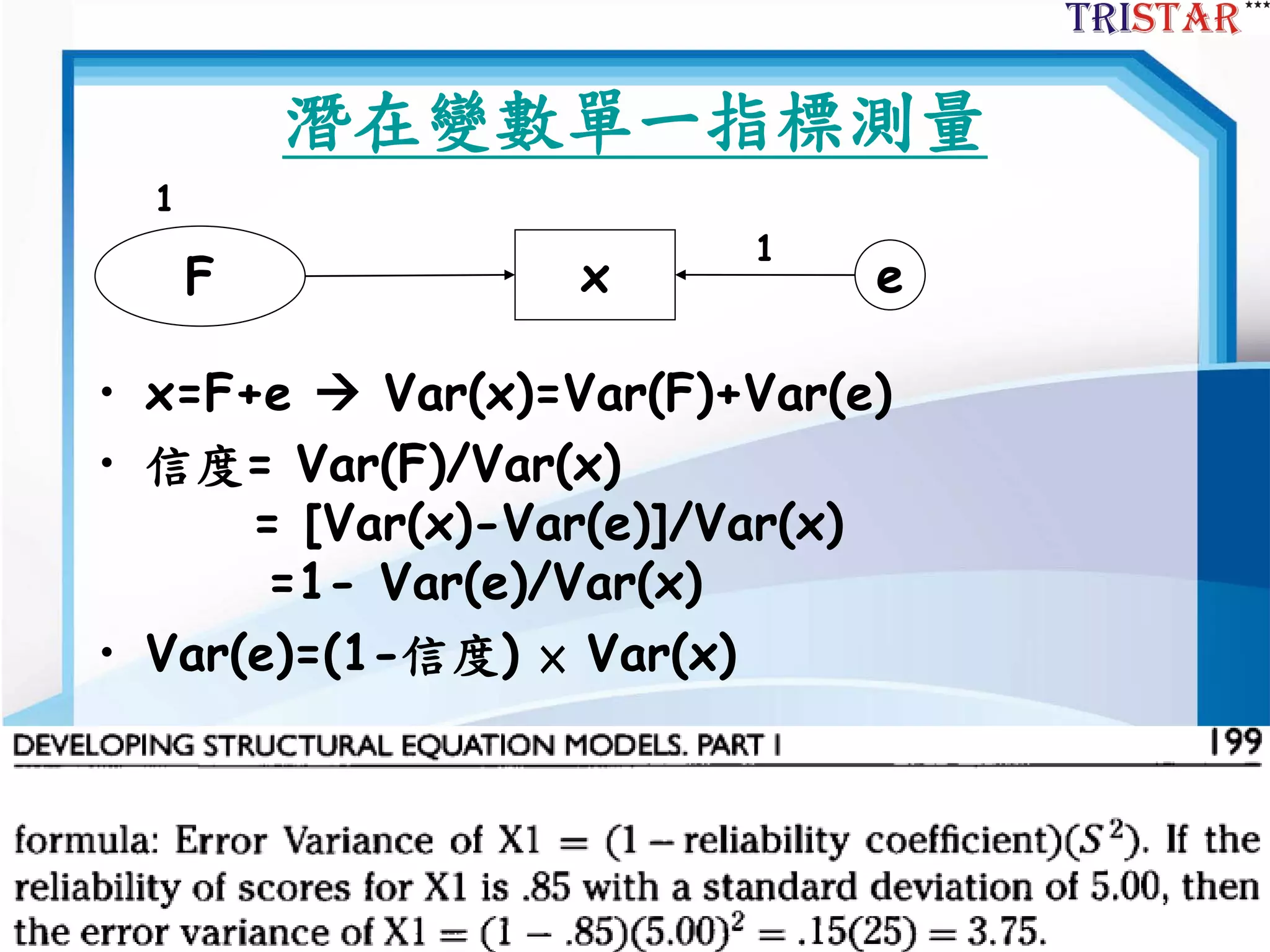 56
潛在變數單一指標測量
• x=F+e  Var(x)=Var(F)+Var(e)
• 信度= Var(F)/Var(x)
= [Var(x)-Var(e)]/Var(x)
=1- Var(e)/Var(x)
• Var(e)=(1-信度) × Var(x)
F x e
1
1
 