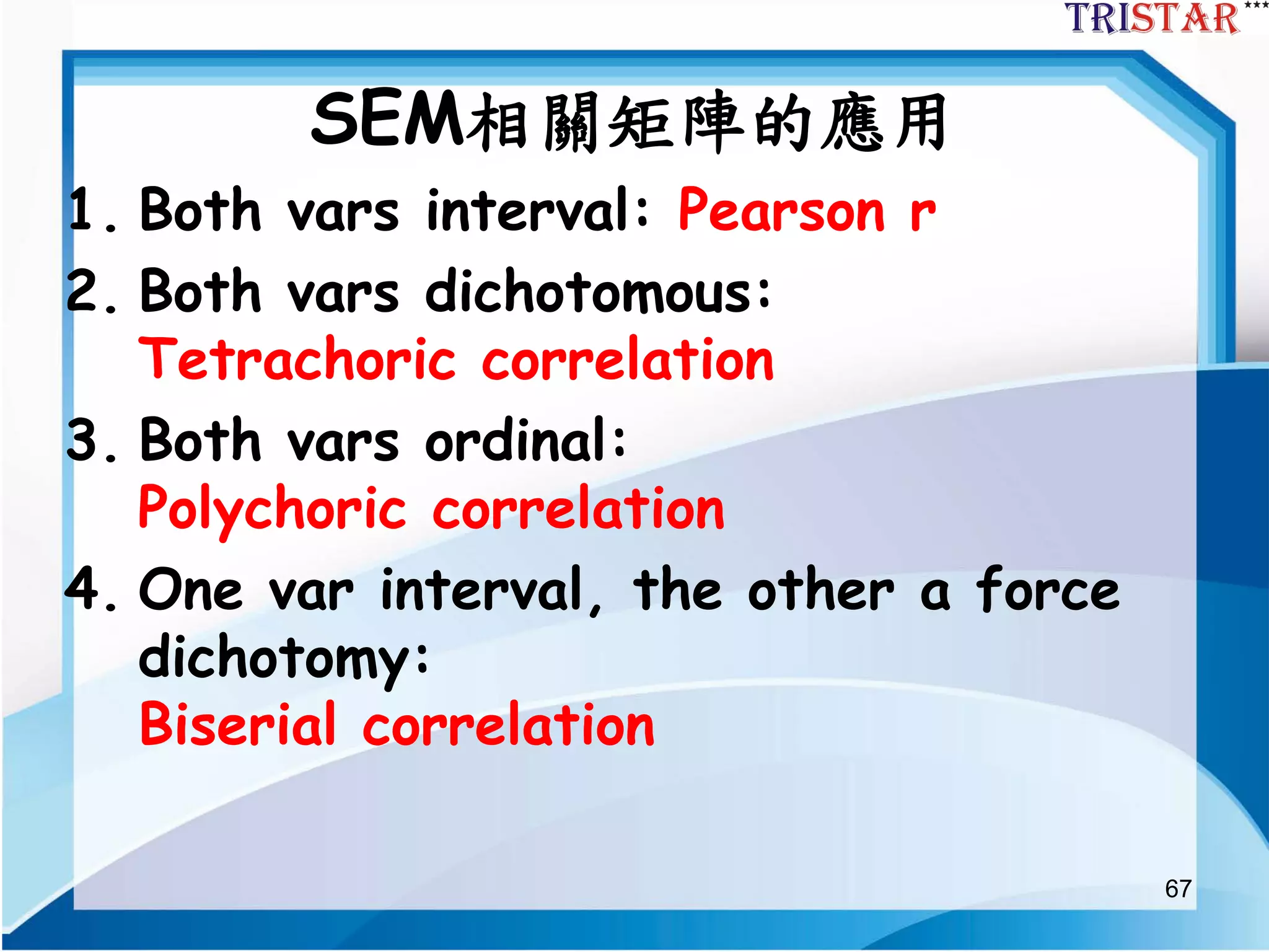 67
SEM相關矩陣的應用
1. Both vars interval: Pearson r
2. Both vars dichotomous:
Tetrachoric correlation
3. Both vars ordinal:
Polychoric correlation
4. One var interval, the other a force
dichotomy:
Biserial correlation
 