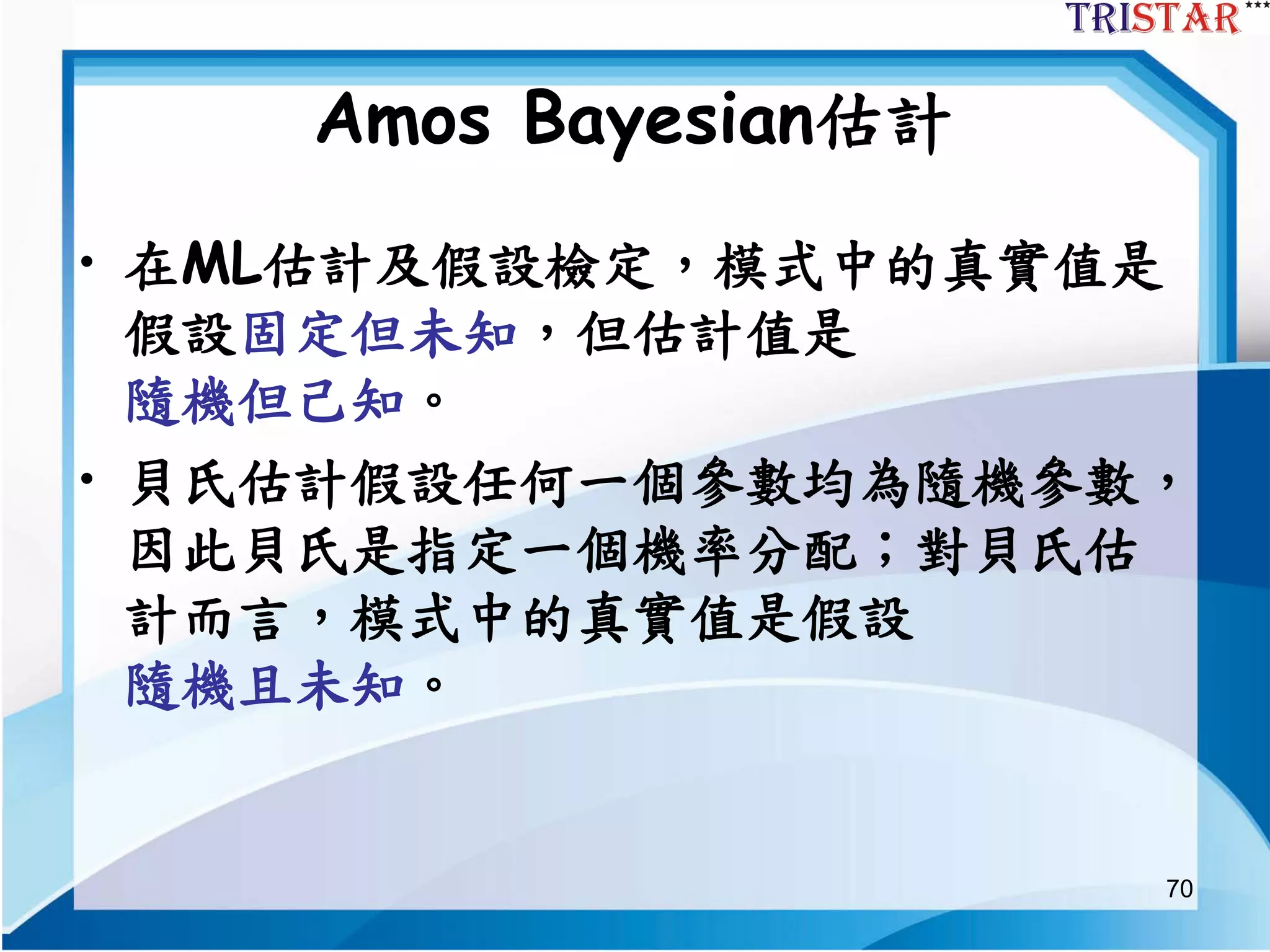 70
Amos Bayesian估計
• 在ML估計及假設檢定，模式中的真實值是
假設固定但未知，但估計值是
隨機但己知。
• 貝氏估計假設任何一個參數均為隨機參數，
因此貝氏是指定一個機率分配；對貝氏估
計而言，模式中的真實值是假設
隨機且未知。
 