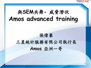 1
與SEM共舞- 威脅潛伏
Amos advanced training
張偉豪
三星統計服務有限公司執行長
Amos 亞洲一哥
 