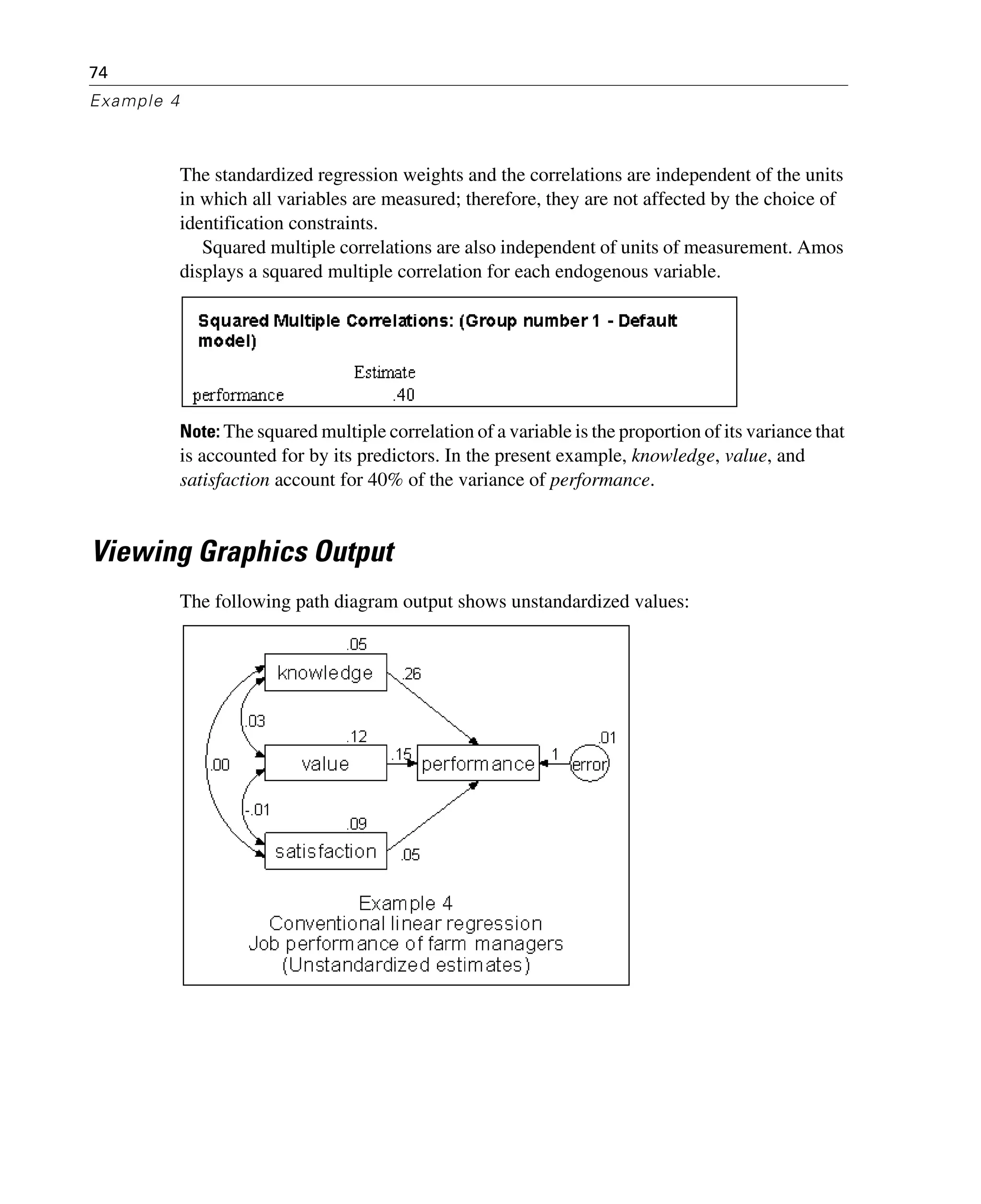 74
Example 4
The standardized regression weights and the correlations are independent of the units
in which all variables are measured; therefore, they are not affected by the choice of
identification constraints.
Squared multiple correlations are also independent of units of measurement. Amos
displays a squared multiple correlation for each endogenous variable.
Note: The squared multiple correlation of a variable is the proportion of its variance that
is accounted for by its predictors. In the present example, knowledge, value, and
satisfaction account for 40% of the variance of performance.
Viewing Graphics Output
The following path diagram output shows unstandardized values:
 