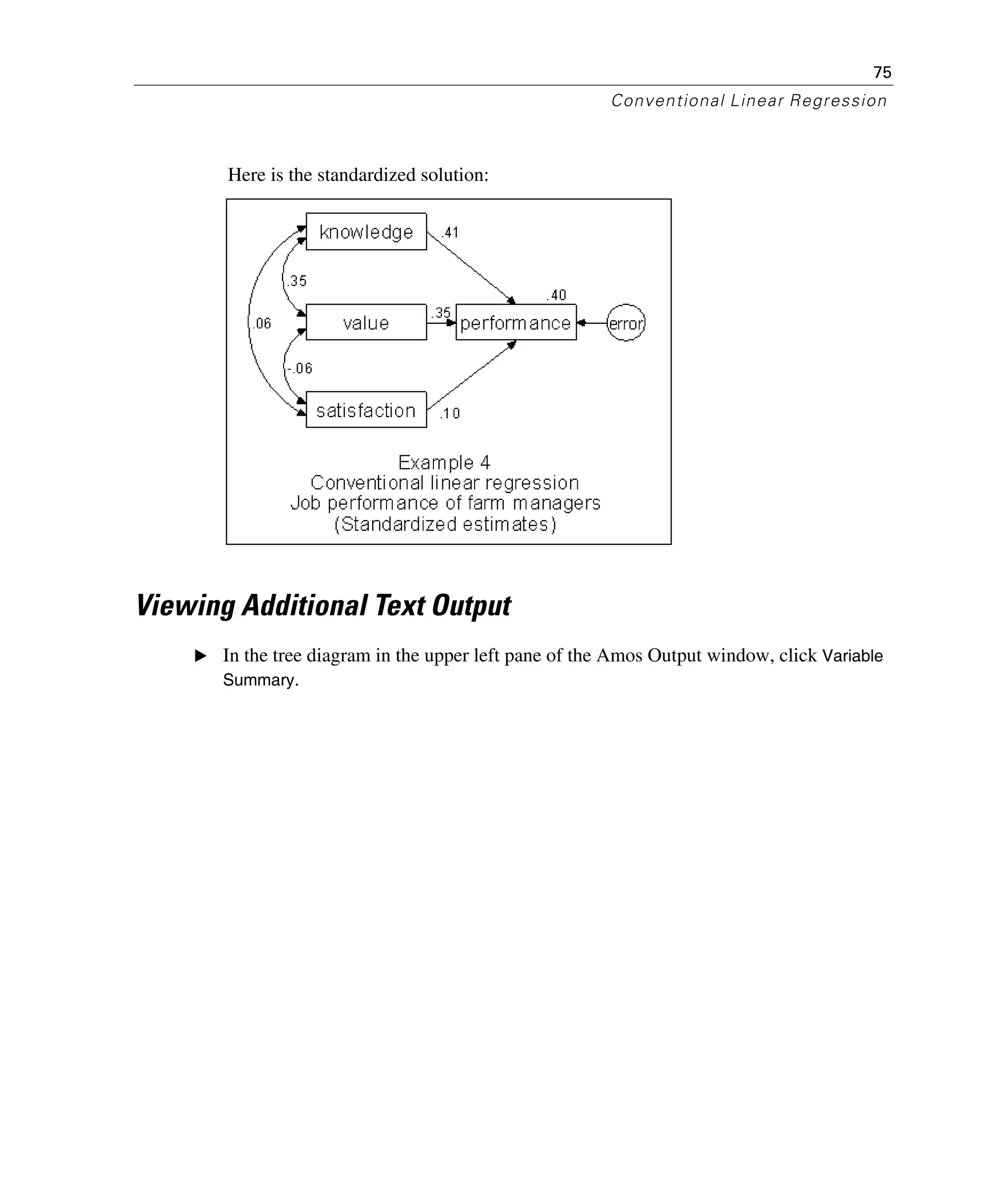 75
Conventional Linear Regression
Here is the standardized solution:
Viewing Additional Text Output
E In the tree diagram in the upper left pane of the Amos Output window, click Variable
Summary.
 