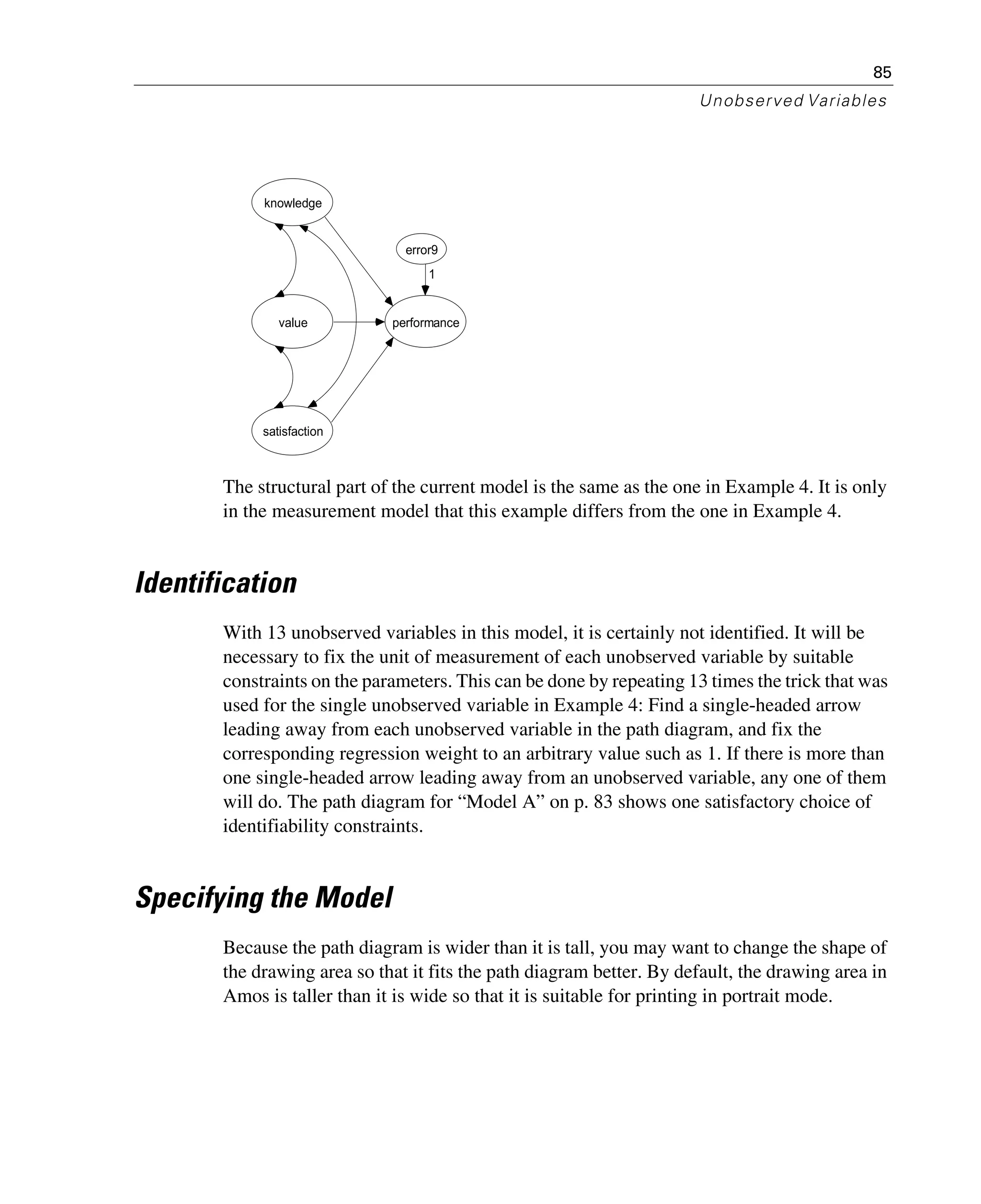 85
Unobserved Variables
The structural part of the current model is the same as the one in Example 4. It is only
in the measurement model that this example differs from the one in Example 4.
Identification
With 13 unobserved variables in this model, it is certainly not identified. It will be
necessary to fix the unit of measurement of each unobserved variable by suitable
constraints on the parameters. This can be done by repeating 13 times the trick that was
used for the single unobserved variable in Example 4: Find a single-headed arrow
leading away from each unobserved variable in the path diagram, and fix the
corresponding regression weight to an arbitrary value such as 1. If there is more than
one single-headed arrow leading away from an unobserved variable, any one of them
will do. The path diagram for “Model A” on p. 83 shows one satisfactory choice of
identifiability constraints.
Specifying the Model
Because the path diagram is wider than it is tall, you may want to change the shape of
the drawing area so that it fits the path diagram better. By default, the drawing area in
Amos is taller than it is wide so that it is suitable for printing in portrait mode.
knowledge
value
satisfaction
performance
error9
1
 