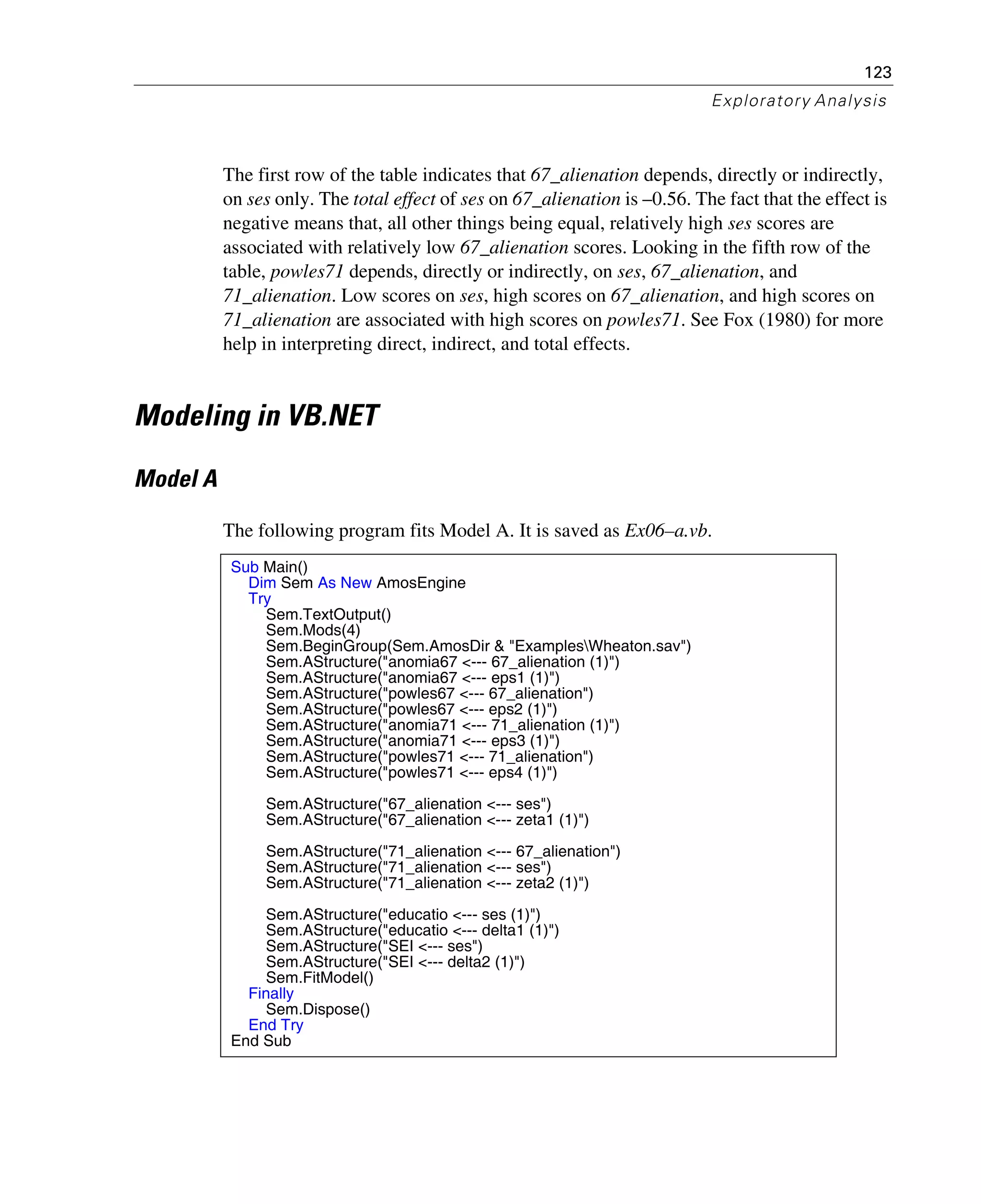 123
Exploratory Analysis
The first row of the table indicates that 67_alienation depends, directly or indirectly,
on ses only. The total effect of ses on 67_alienation is –0.56. The fact that the effect is
negative means that, all other things being equal, relatively high ses scores are
associated with relatively low 67_alienation scores. Looking in the fifth row of the
table, powles71 depends, directly or indirectly, on ses, 67_alienation, and
71_alienation. Low scores on ses, high scores on 67_alienation, and high scores on
71_alienation are associated with high scores on powles71. See Fox (1980) for more
help in interpreting direct, indirect, and total effects.
Modeling in VB.NET
Model A
The following program fits Model A. It is saved as Ex06–a.vb.
Sub Main()
Dim Sem As New AmosEngine
Try
Sem.TextOutput()
Sem.Mods(4)
Sem.BeginGroup(Sem.AmosDir & "ExamplesWheaton.sav")
Sem.AStructure("anomia67 <--- 67_alienation (1)")
Sem.AStructure("anomia67 <--- eps1 (1)")
Sem.AStructure("powles67 <--- 67_alienation")
Sem.AStructure("powles67 <--- eps2 (1)")
Sem.AStructure("anomia71 <--- 71_alienation (1)")
Sem.AStructure("anomia71 <--- eps3 (1)")
Sem.AStructure("powles71 <--- 71_alienation")
Sem.AStructure("powles71 <--- eps4 (1)")
Sem.AStructure("67_alienation <--- ses")
Sem.AStructure("67_alienation <--- zeta1 (1)")
Sem.AStructure("71_alienation <--- 67_alienation")
Sem.AStructure("71_alienation <--- ses")
Sem.AStructure("71_alienation <--- zeta2 (1)")
Sem.AStructure("educatio <--- ses (1)")
Sem.AStructure("educatio <--- delta1 (1)")
Sem.AStructure("SEI <--- ses")
Sem.AStructure("SEI <--- delta2 (1)")
Sem.FitModel()
Finally
Sem.Dispose()
End Try
End Sub
 