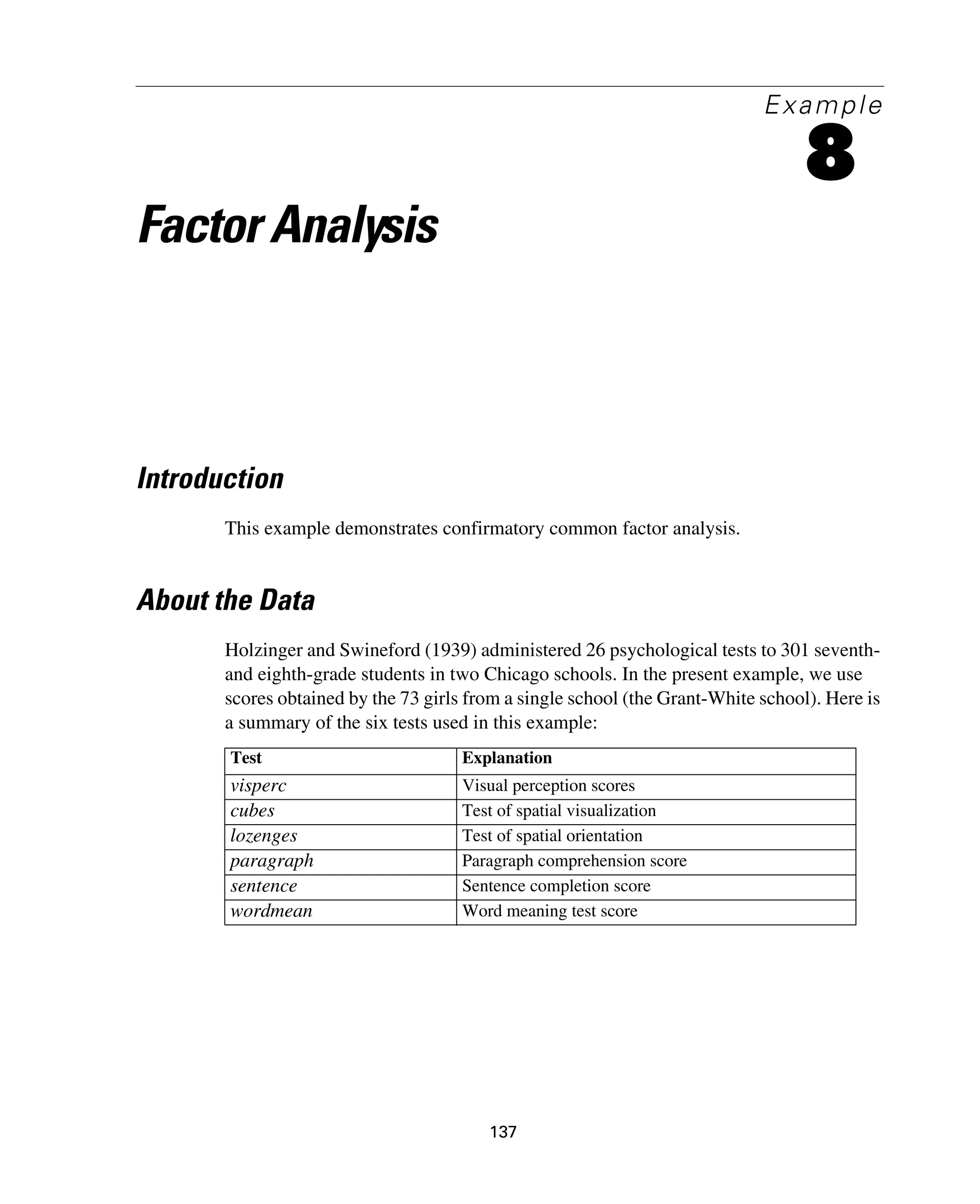 137
Example
8
Factor Analysis
Introduction
This example demonstrates confirmatory common factor analysis.
About the Data
Holzinger and Swineford (1939) administered 26 psychological tests to 301 seventh-
and eighth-grade students in two Chicago schools. In the present example, we use
scores obtained by the 73 girls from a single school (the Grant-White school). Here is
a summary of the six tests used in this example:
Test Explanation
visperc Visual perception scores
cubes Test of spatial visualization
lozenges Test of spatial orientation
paragraph Paragraph comprehension score
sentence Sentence completion score
wordmean Word meaning test score
 