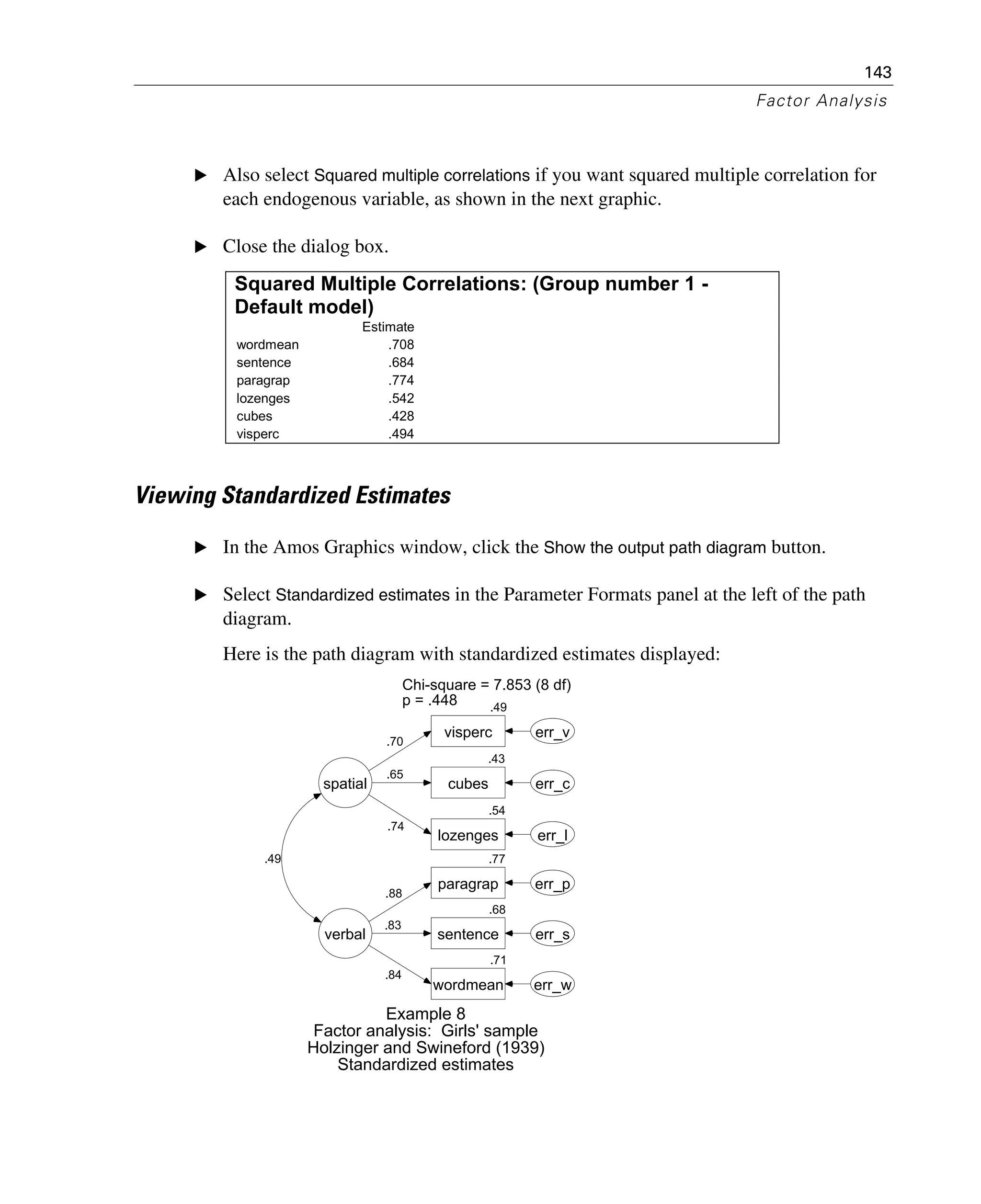 143
Factor Analysis
E Also select Squared multiple correlations if you want squared multiple correlation for
each endogenous variable, as shown in the next graphic.
E Close the dialog box.
Viewing Standardized Estimates
E In the Amos Graphics window, click the Show the output path diagram button.
E Select Standardized estimates in the Parameter Formats panel at the left of the path
diagram.
Here is the path diagram with standardized estimates displayed:
Squared Multiple Correlations: (Group number 1 -
Default model)
Estimate
wordmean .708
sentence .684
paragrap .774
lozenges .542
cubes .428
visperc .494
spatial
.49
visperc
.43
cubes
.54
lozenges
.71
wordmean
.77
paragrap
.68
sentence
err_v
err_c
err_l
err_p
err_s
err_w
verbal
.70
.65
.74
.88
.83
.84
.49
Example 8
Factor analysis: Girls' sample
Holzinger and Swineford (1939)
Standardized estimates
Chi-square = 7.853 (8 df)
p = .448
 