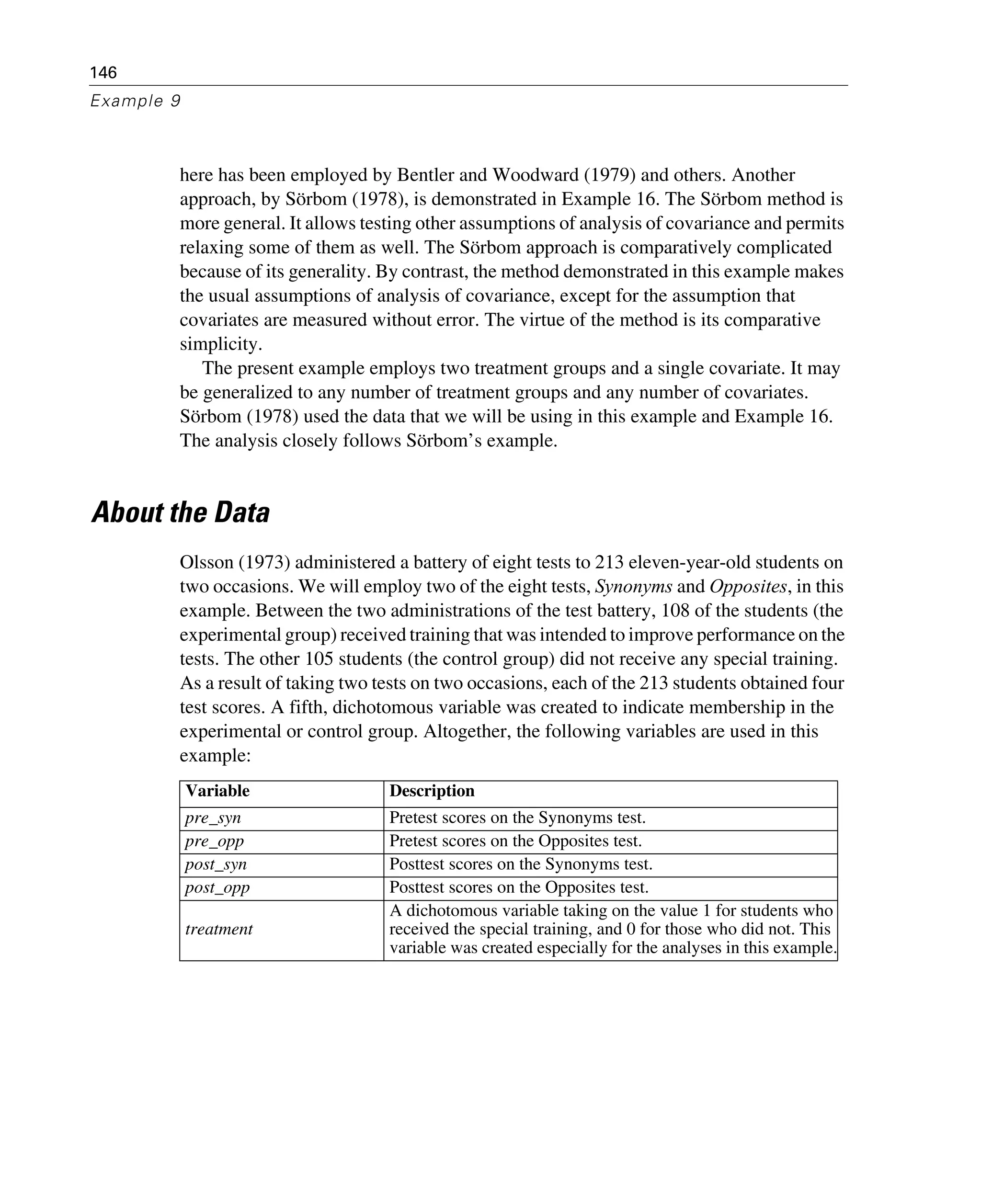 146
Example 9
here has been employed by Bentler and Woodward (1979) and others. Another
approach, by Sörbom (1978), is demonstrated in Example 16. The Sörbom method is
more general. It allows testing other assumptions of analysis of covariance and permits
relaxing some of them as well. The Sörbom approach is comparatively complicated
because of its generality. By contrast, the method demonstrated in this example makes
the usual assumptions of analysis of covariance, except for the assumption that
covariates are measured without error. The virtue of the method is its comparative
simplicity.
The present example employs two treatment groups and a single covariate. It may
be generalized to any number of treatment groups and any number of covariates.
Sörbom (1978) used the data that we will be using in this example and Example 16.
The analysis closely follows Sörbom’s example.
About the Data
Olsson (1973) administered a battery of eight tests to 213 eleven-year-old students on
two occasions. We will employ two of the eight tests, Synonyms and Opposites, in this
example. Between the two administrations of the test battery, 108 of the students (the
experimental group) received training that was intended to improve performance on the
tests. The other 105 students (the control group) did not receive any special training.
As a result of taking two tests on two occasions, each of the 213 students obtained four
test scores. A fifth, dichotomous variable was created to indicate membership in the
experimental or control group. Altogether, the following variables are used in this
example:
Variable Description
pre_syn Pretest scores on the Synonyms test.
pre_opp Pretest scores on the Opposites test.
post_syn Posttest scores on the Synonyms test.
post_opp Posttest scores on the Opposites test.
treatment
A dichotomous variable taking on the value 1 for students who
received the special training, and 0 for those who did not. This
variable was created especially for the analyses in this example.
 