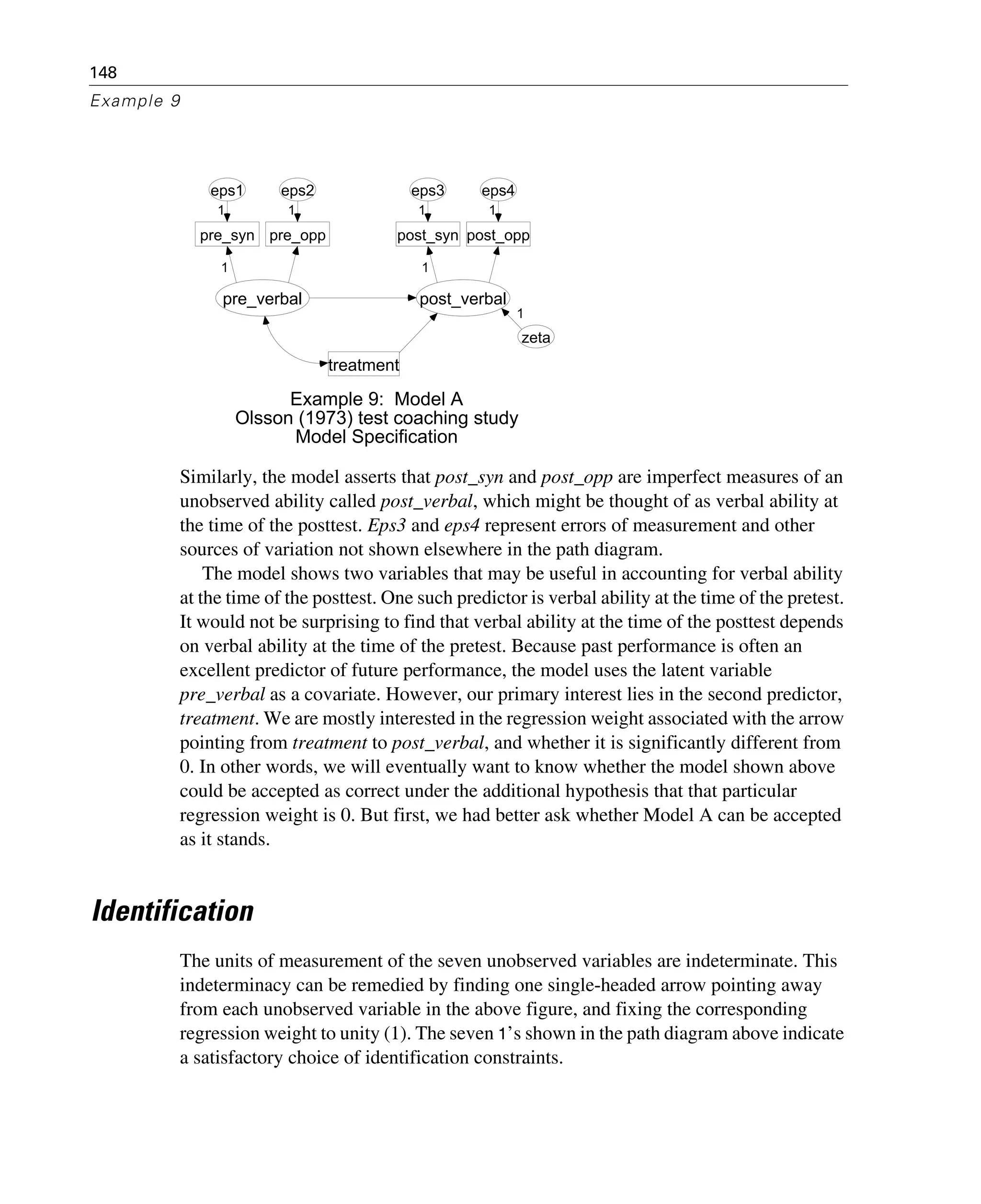 148
Example 9
Similarly, the model asserts that post_syn and post_opp are imperfect measures of an
unobserved ability called post_verbal, which might be thought of as verbal ability at
the time of the posttest. Eps3 and eps4 represent errors of measurement and other
sources of variation not shown elsewhere in the path diagram.
The model shows two variables that may be useful in accounting for verbal ability
at the time of the posttest. One such predictor is verbal ability at the time of the pretest.
It would not be surprising to find that verbal ability at the time of the posttest depends
on verbal ability at the time of the pretest. Because past performance is often an
excellent predictor of future performance, the model uses the latent variable
pre_verbal as a covariate. However, our primary interest lies in the second predictor,
treatment. We are mostly interested in the regression weight associated with the arrow
pointing from treatment to post_verbal, and whether it is significantly different from
0. In other words, we will eventually want to know whether the model shown above
could be accepted as correct under the additional hypothesis that that particular
regression weight is 0. But first, we had better ask whether Model A can be accepted
as it stands.
Identification
The units of measurement of the seven unobserved variables are indeterminate. This
indeterminacy can be remedied by finding one single-headed arrow pointing away
from each unobserved variable in the above figure, and fixing the corresponding
regression weight to unity (1). The seven 1’s shown in the path diagram above indicate
a satisfactory choice of identification constraints.
pre_verbal
pre_syn
eps1
1
1
pre_opp
eps2
1
post_verbal
post_syn
eps3
post_opp
eps4
1
1 1
treatment
zeta
1
Example 9: Model A
Olsson (1973) test coaching study
Model Specification
 