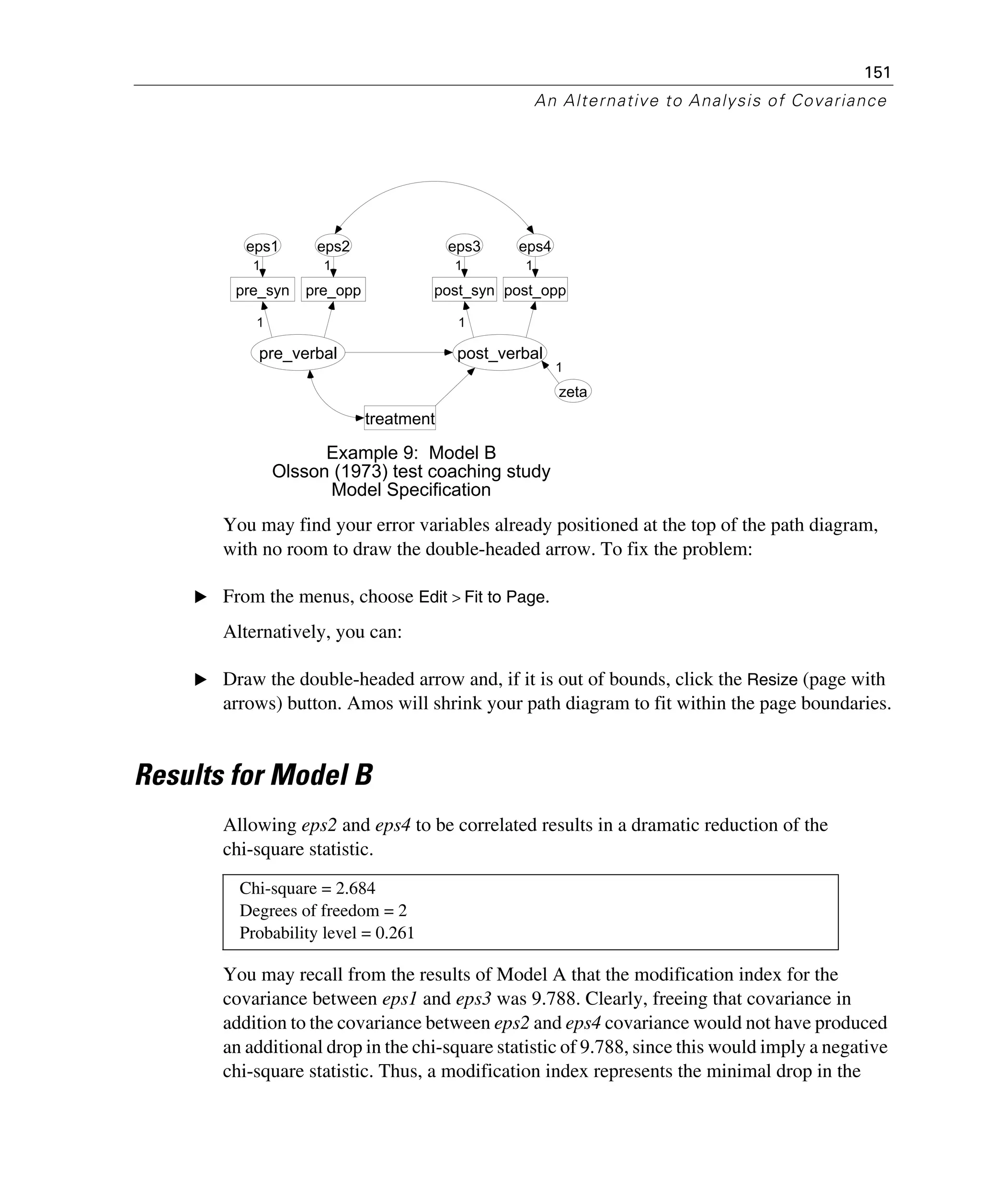 151
An Alternative to Analysis of Covariance
You may find your error variables already positioned at the top of the path diagram,
with no room to draw the double-headed arrow. To fix the problem:
E From the menus, choose Edit > Fit to Page.
Alternatively, you can:
E Draw the double-headed arrow and, if it is out of bounds, click the Resize (page with
arrows) button. Amos will shrink your path diagram to fit within the page boundaries.
Results for Model B
Allowing eps2 and eps4 to be correlated results in a dramatic reduction of the
chi-square statistic.
You may recall from the results of Model A that the modification index for the
covariance between eps1 and eps3 was 9.788. Clearly, freeing that covariance in
addition to the covariance between eps2 and eps4 covariance would not have produced
an additional drop in the chi-square statistic of 9.788, since this would imply a negative
chi-square statistic. Thus, a modification index represents the minimal drop in the
Chi-square = 2.684
Degrees of freedom = 2
Probability level = 0.261
pre_verbal
pre_syn
eps1
1
1
pre_opp
eps2
1
post_verbal
post_syn
eps3
post_opp
eps4
1
1 1
treatment
zeta
1
Example 9: Model B
Olsson (1973) test coaching study
Model Specification
 