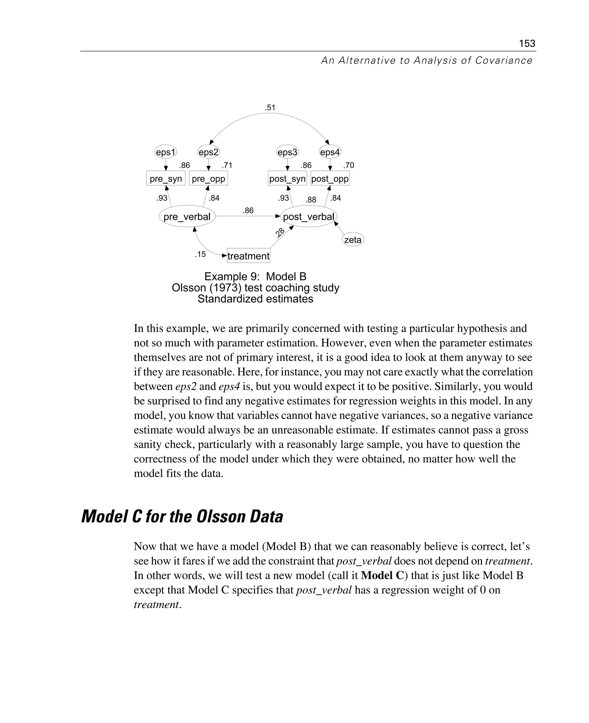 153
An Alternative to Analysis of Covariance
In this example, we are primarily concerned with testing a particular hypothesis and
not so much with parameter estimation. However, even when the parameter estimates
themselves are not of primary interest, it is a good idea to look at them anyway to see
if they are reasonable. Here, for instance, you may not care exactly what the correlation
between eps2 and eps4 is, but you would expect it to be positive. Similarly, you would
be surprised to find any negative estimates for regression weights in this model. In any
model, you know that variables cannot have negative variances, so a negative variance
estimate would always be an unreasonable estimate. If estimates cannot pass a gross
sanity check, particularly with a reasonably large sample, you have to question the
correctness of the model under which they were obtained, no matter how well the
model fits the data.
Model C for the Olsson Data
Now that we have a model (Model B) that we can reasonably believe is correct, let’s
see how it fares if we add the constraint that post_verbal does not depend on treatment.
In other words, we will test a new model (call it Model C) that is just like Model B
except that Model C specifies that post_verbal has a regression weight of 0 on
treatment.
pre_verbal
.86
pre_syn
eps1
.93
.71
pre_opp
eps2
.84 .88
post_verbal
.86
post_syn
eps3
.70
post_opp
eps4
.93 .84
treatment
.86
.28
zeta
Example 9: Model B
Olsson (1973) test coaching study
Standardized estimates
.15
.51
 