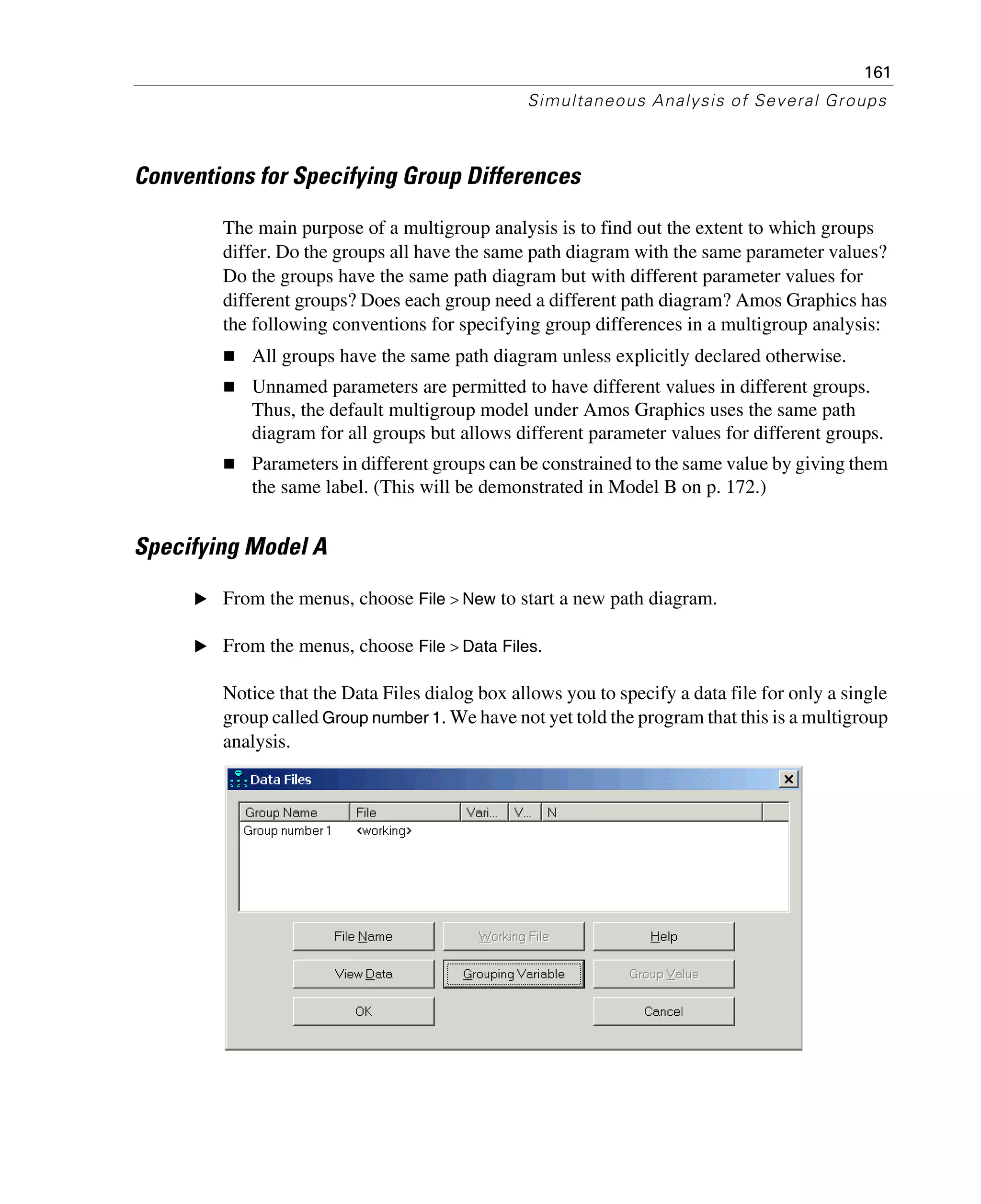 161
Simultaneous Analysis of Several Groups
Conventions for Specifying Group Differences
The main purpose of a multigroup analysis is to find out the extent to which groups
differ. Do the groups all have the same path diagram with the same parameter values?
Do the groups have the same path diagram but with different parameter values for
different groups? Does each group need a different path diagram? Amos Graphics has
the following conventions for specifying group differences in a multigroup analysis:
All groups have the same path diagram unless explicitly declared otherwise.
Unnamed parameters are permitted to have different values in different groups.
Thus, the default multigroup model under Amos Graphics uses the same path
diagram for all groups but allows different parameter values for different groups.
Parameters in different groups can be constrained to the same value by giving them
the same label. (This will be demonstrated in Model B on p. 172.)
Specifying Model A
E From the menus, choose File > New to start a new path diagram.
E From the menus, choose File > Data Files.
Notice that the Data Files dialog box allows you to specify a data file for only a single
group called Group number 1. We have not yet told the program that this is a multigroup
analysis.
 