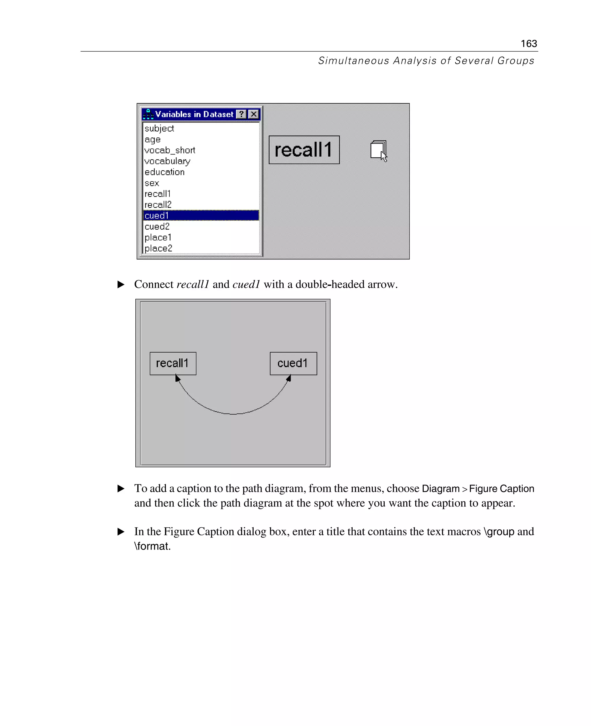 163
Simultaneous Analysis of Several Groups
E Connect recall1 and cued1 with a double-headed arrow.
E To add a caption to the path diagram, from the menus, choose Diagram > Figure Caption
and then click the path diagram at the spot where you want the caption to appear.
E In the Figure Caption dialog box, enter a title that contains the text macros group and
format.
 