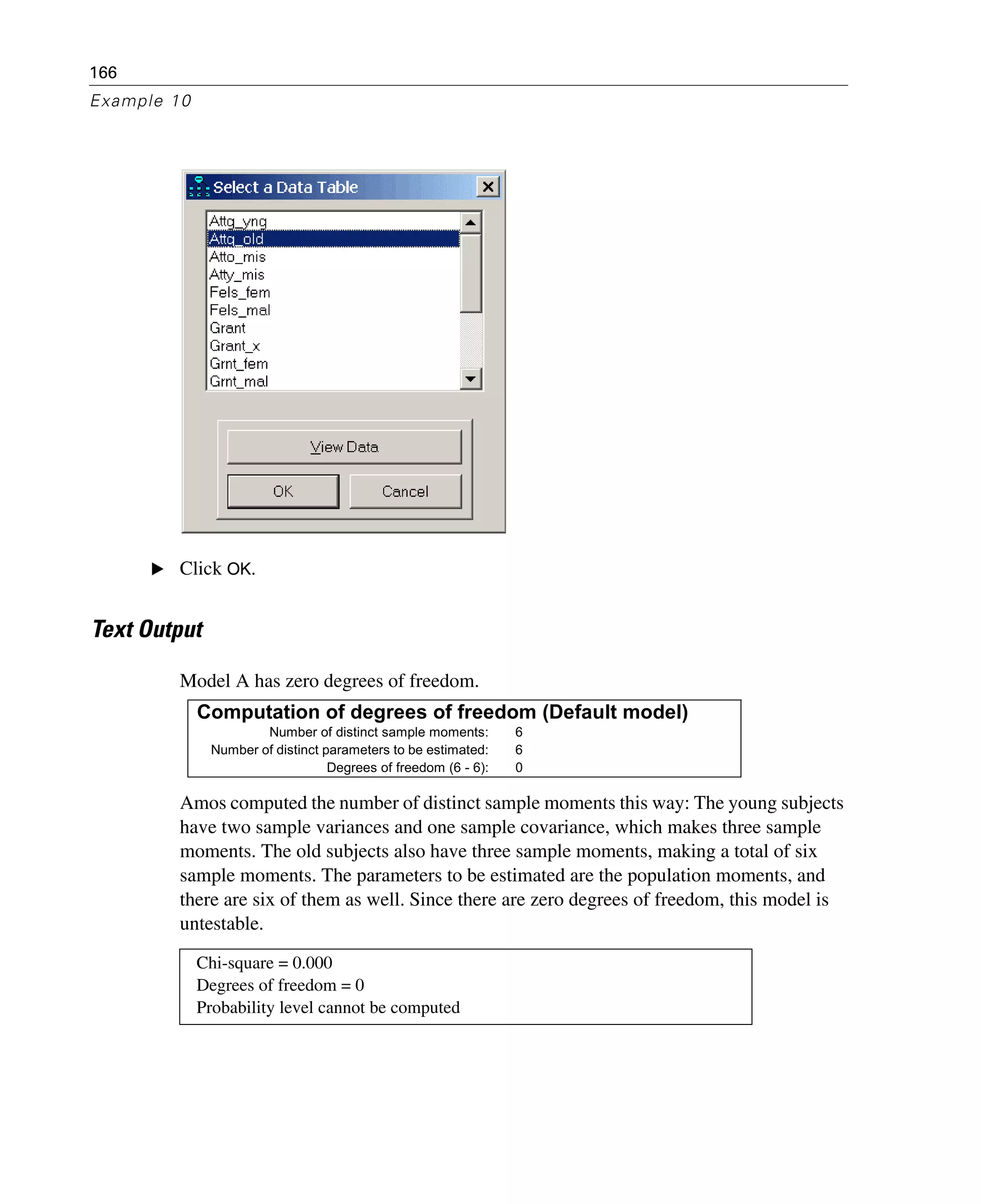 166
Example 10
E Click OK.
Text Output
Model A has zero degrees of freedom.
Amos computed the number of distinct sample moments this way: The young subjects
have two sample variances and one sample covariance, which makes three sample
moments. The old subjects also have three sample moments, making a total of six
sample moments. The parameters to be estimated are the population moments, and
there are six of them as well. Since there are zero degrees of freedom, this model is
untestable.
Chi-square = 0.000
Degrees of freedom = 0
Probability level cannot be computed
Computation of degrees of freedom (Default model)
Number of distinct sample moments: 6
Number of distinct parameters to be estimated: 6
Degrees of freedom (6 - 6): 0
 
