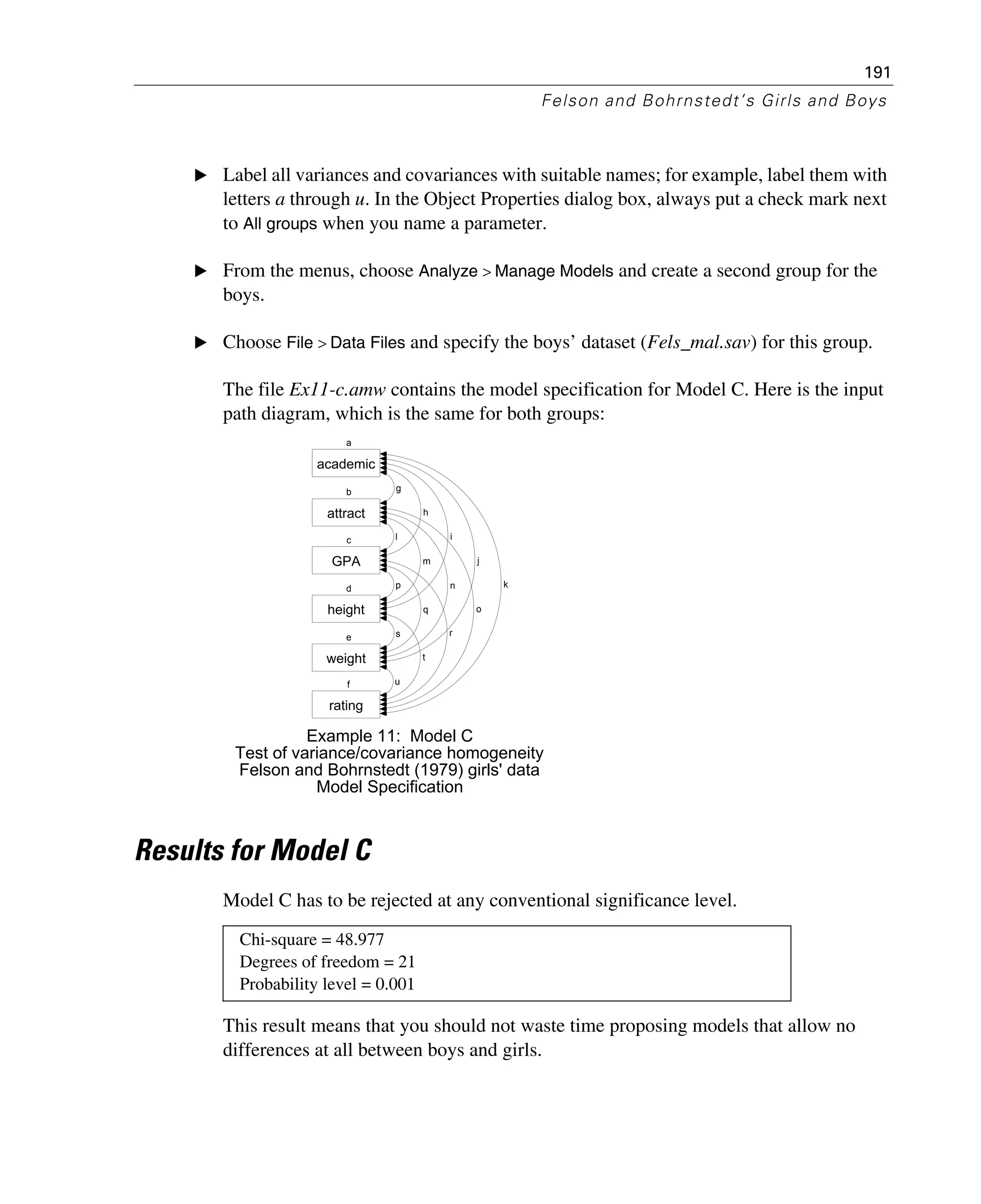 191
Felson and Bohrnstedt’s Girls and Boys
E Label all variances and covariances with suitable names; for example, label them with
letters a through u. In the Object Properties dialog box, always put a check mark next
to All groups when you name a parameter.
E From the menus, choose Analyze > Manage Models and create a second group for the
boys.
E Choose File > Data Files and specify the boys’ dataset (Fels_mal.sav) for this group.
The file Ex11-c.amw contains the model specification for Model C. Here is the input
path diagram, which is the same for both groups:
Results for Model C
Model C has to be rejected at any conventional significance level.
This result means that you should not waste time proposing models that allow no
differences at all between boys and girls.
Chi-square = 48.977
Degrees of freedom = 21
Probability level = 0.001
c
GPA
d
height
f
rating
e
weight
a
academic
b
attract
Example 11: Model C
Test of variance/covariance homogeneity
Felson and Bohrnstedt (1979) girls' data
Model Specification
p
r
q
h
l
t
s
i
m
u
k
o
j
n
g
 