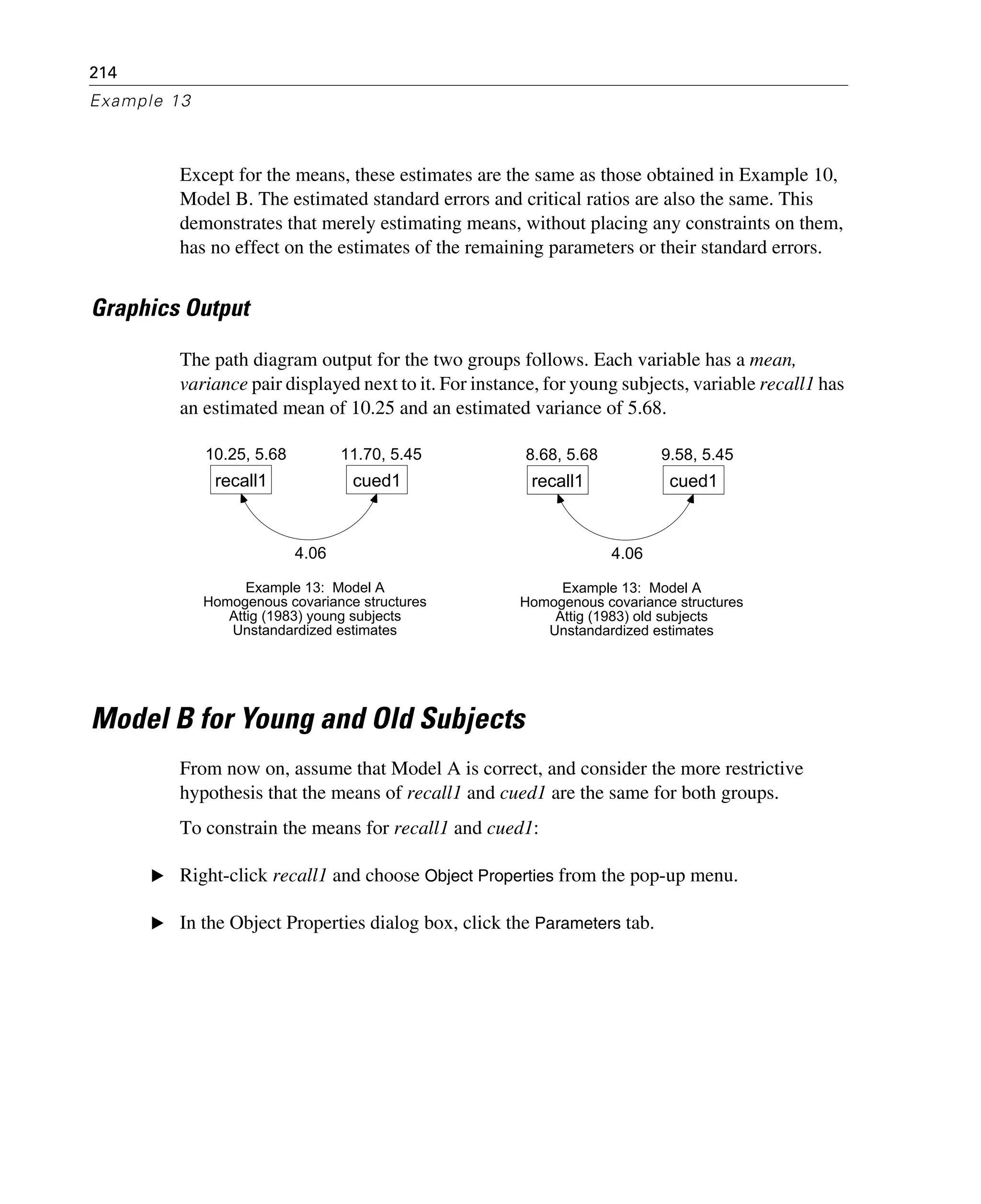 214
Example 13
Except for the means, these estimates are the same as those obtained in Example 10,
Model B. The estimated standard errors and critical ratios are also the same. This
demonstrates that merely estimating means, without placing any constraints on them,
has no effect on the estimates of the remaining parameters or their standard errors.
Graphics Output
The path diagram output for the two groups follows. Each variable has a mean,
variance pair displayed next to it. For instance, for young subjects, variable recall1 has
an estimated mean of 10.25 and an estimated variance of 5.68.
Model B for Young and Old Subjects
From now on, assume that Model A is correct, and consider the more restrictive
hypothesis that the means of recall1 and cued1 are the same for both groups.
To constrain the means for recall1 and cued1:
E Right-click recall1 and choose Object Properties from the pop-up menu.
E In the Object Properties dialog box, click the Parameters tab.
10.25, 5.68
recall1
11.70, 5.45
cued1
4.06
Example 13: Model A
Homogenous covariance structures
Attig (1983) young subjects
Unstandardized estimates
8.68, 5.68
recall1
9.58, 5.45
cued1
4.06
Example 13: Model A
Homogenous covariance structures
Attig (1983) old subjects
Unstandardized estimates
 
