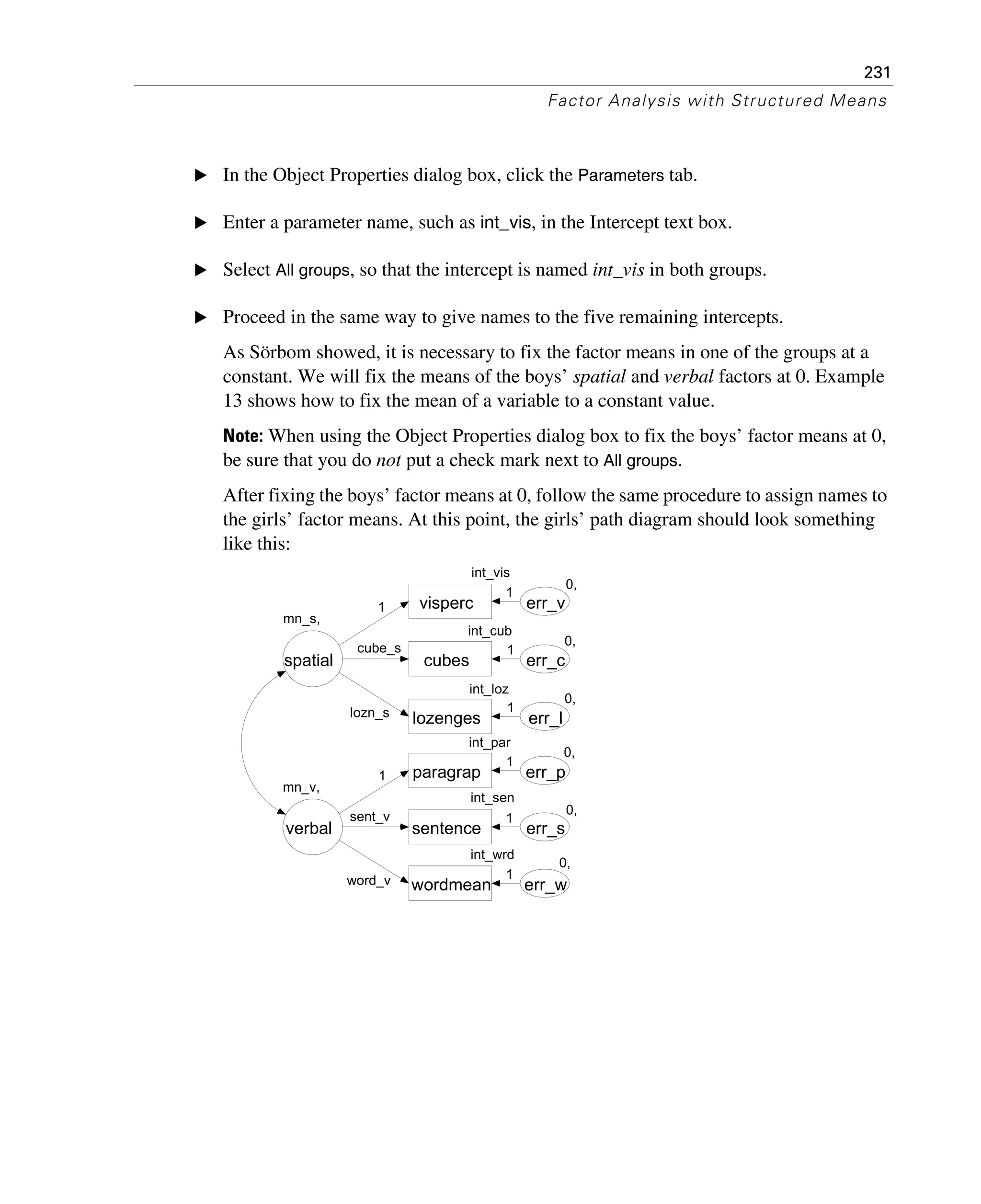231
Factor Analysis with Structured Means
E In the Object Properties dialog box, click the Parameters tab.
E Enter a parameter name, such as int_vis, in the Intercept text box.
E Select All groups, so that the intercept is named int_vis in both groups.
E Proceed in the same way to give names to the five remaining intercepts.
As Sörbom showed, it is necessary to fix the factor means in one of the groups at a
constant. We will fix the means of the boys’ spatial and verbal factors at 0. Example
13 shows how to fix the mean of a variable to a constant value.
Note: When using the Object Properties dialog box to fix the boys’ factor means at 0,
be sure that you do not put a check mark next to All groups.
After fixing the boys’ factor means at 0, follow the same procedure to assign names to
the girls’ factor means. At this point, the girls’ path diagram should look something
like this:
mn_s,
spatial
int_vis
visperc
int_cub
cubes
int_loz
lozenges
int_wrd
wordmean
int_par
paragrap
int_sen
sentence
0,
err_v
0,
err_c
0,
err_l
0,
err_p
0,
err_s
0,
err_w
mn_v,
verbal
1
cube_s
lozn_s
1
sent_v
word_v
1
1
1
1
1
1
 