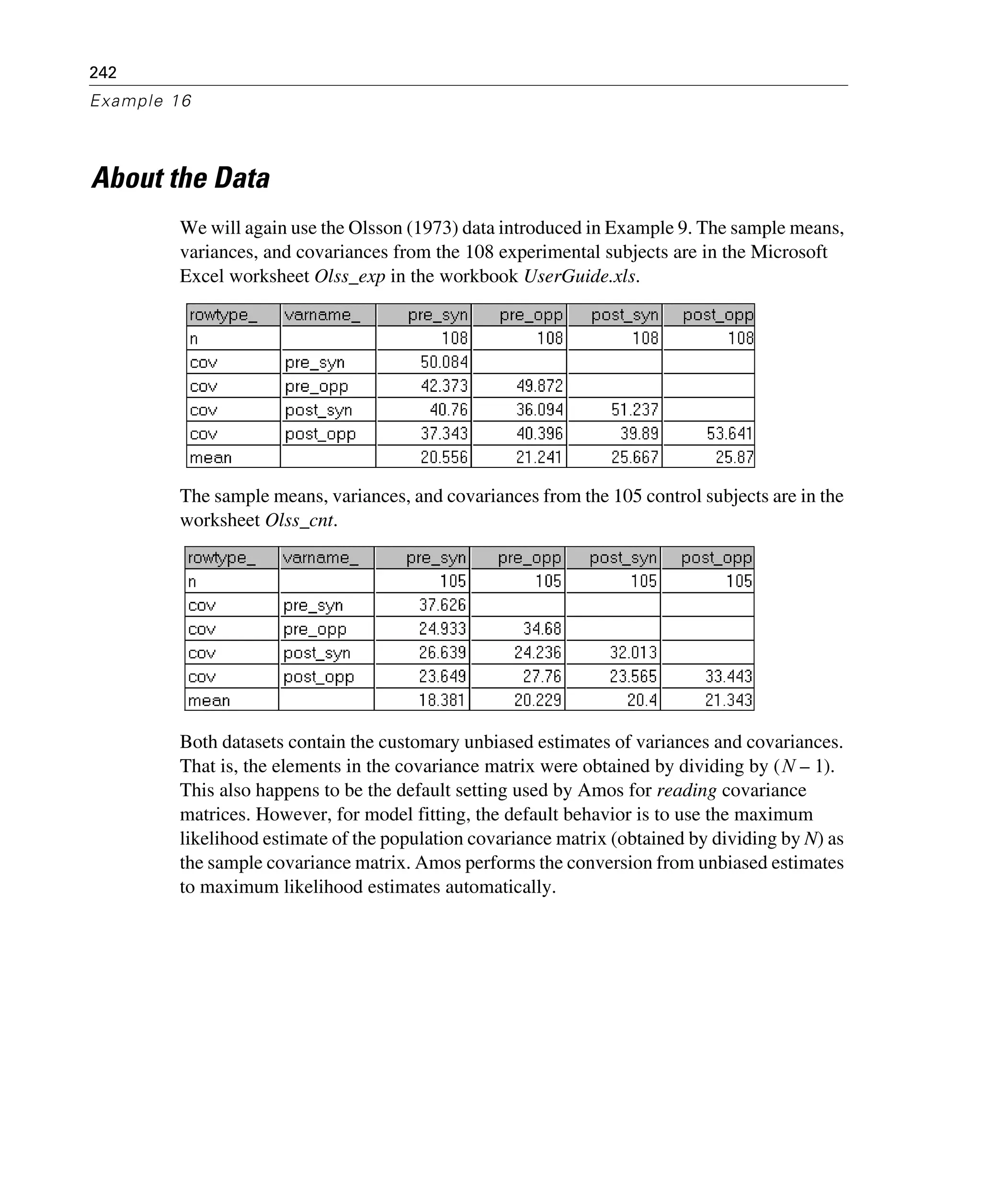 242
Example 16
About the Data
We will again use the Olsson (1973) data introduced in Example 9. The sample means,
variances, and covariances from the 108 experimental subjects are in the Microsoft
Excel worksheet Olss_exp in the workbook UserGuide.xls.
The sample means, variances, and covariances from the 105 control subjects are in the
worksheet Olss_cnt.
Both datasets contain the customary unbiased estimates of variances and covariances.
That is, the elements in the covariance matrix were obtained by dividing by ( ).
This also happens to be the default setting used by Amos for reading covariance
matrices. However, for model fitting, the default behavior is to use the maximum
likelihood estimate of the population covariance matrix (obtained by dividing by N) as
the sample covariance matrix. Amos performs the conversion from unbiased estimates
to maximum likelihood estimates automatically.
N 1–
 