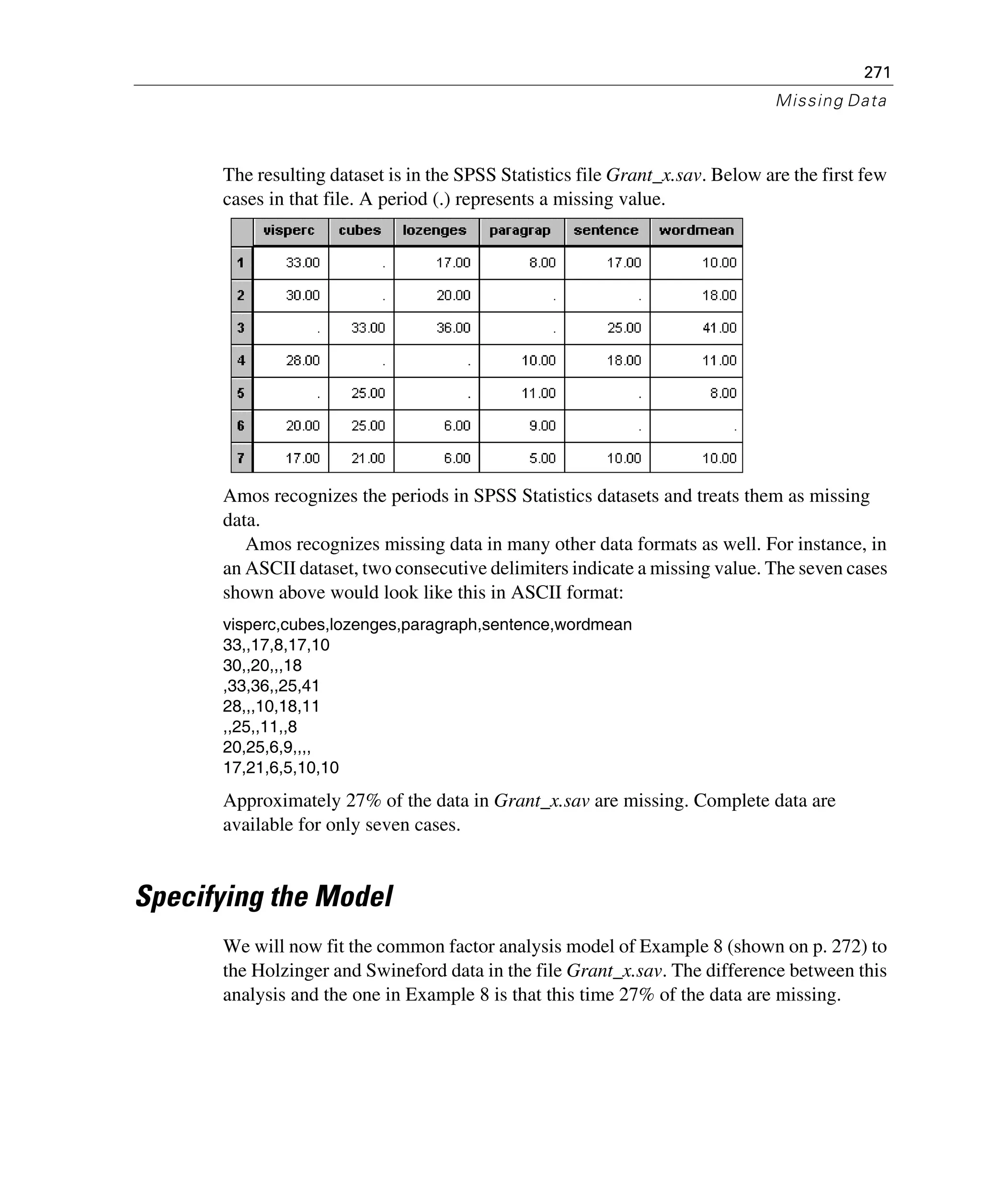 271
Missing Data
The resulting dataset is in the SPSS Statistics file Grant_x.sav. Below are the first few
cases in that file. A period (.) represents a missing value.
Amos recognizes the periods in SPSS Statistics datasets and treats them as missing
data.
Amos recognizes missing data in many other data formats as well. For instance, in
an ASCII dataset, two consecutive delimiters indicate a missing value. The seven cases
shown above would look like this in ASCII format:
visperc,cubes,lozenges,paragraph,sentence,wordmean
33,,17,8,17,10
30,,20,,,18
,33,36,,25,41
28,,,10,18,11
,,25,,11,,8
20,25,6,9,,,,
17,21,6,5,10,10
Approximately 27% of the data in Grant_x.sav are missing. Complete data are
available for only seven cases.
Specifying the Model
We will now fit the common factor analysis model of Example 8 (shown on p. 272) to
the Holzinger and Swineford data in the file Grant_x.sav. The difference between this
analysis and the one in Example 8 is that this time 27% of the data are missing.
 