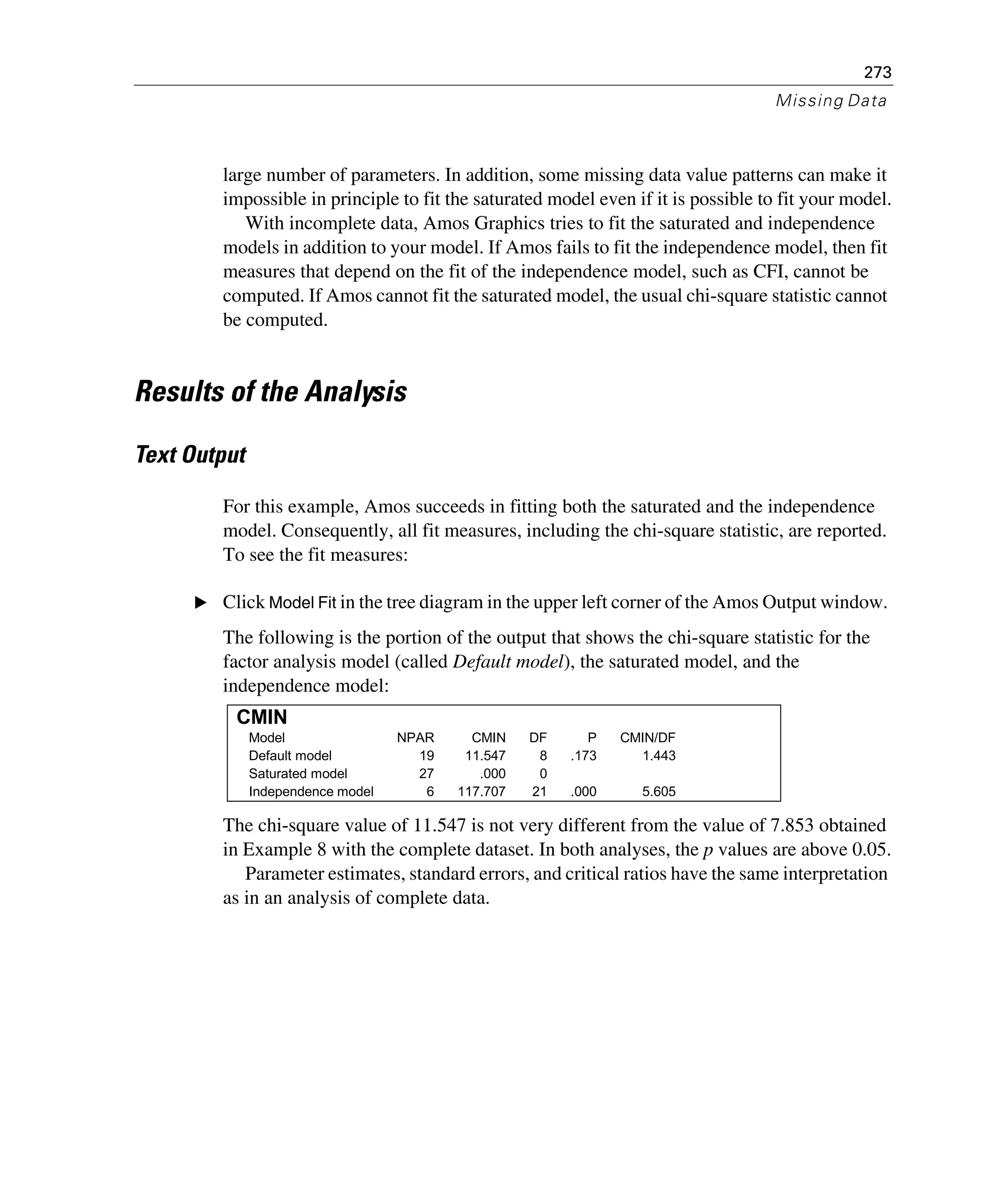 273
Missing Data
large number of parameters. In addition, some missing data value patterns can make it
impossible in principle to fit the saturated model even if it is possible to fit your model.
With incomplete data, Amos Graphics tries to fit the saturated and independence
models in addition to your model. If Amos fails to fit the independence model, then fit
measures that depend on the fit of the independence model, such as CFI, cannot be
computed. If Amos cannot fit the saturated model, the usual chi-square statistic cannot
be computed.
Results of the Analysis
Text Output
For this example, Amos succeeds in fitting both the saturated and the independence
model. Consequently, all fit measures, including the chi-square statistic, are reported.
To see the fit measures:
E Click Model Fit in the tree diagram in the upper left corner of the Amos Output window.
The following is the portion of the output that shows the chi-square statistic for the
factor analysis model (called Default model), the saturated model, and the
independence model:
The chi-square value of 11.547 is not very different from the value of 7.853 obtained
in Example 8 with the complete dataset. In both analyses, the p values are above 0.05.
Parameter estimates, standard errors, and critical ratios have the same interpretation
as in an analysis of complete data.
CMIN
Model NPAR CMIN DF P CMIN/DF
Default model 19 11.547 8 .173 1.443
Saturated model 27 .000 0
Independence model 6 117.707 21 .000 5.605
 