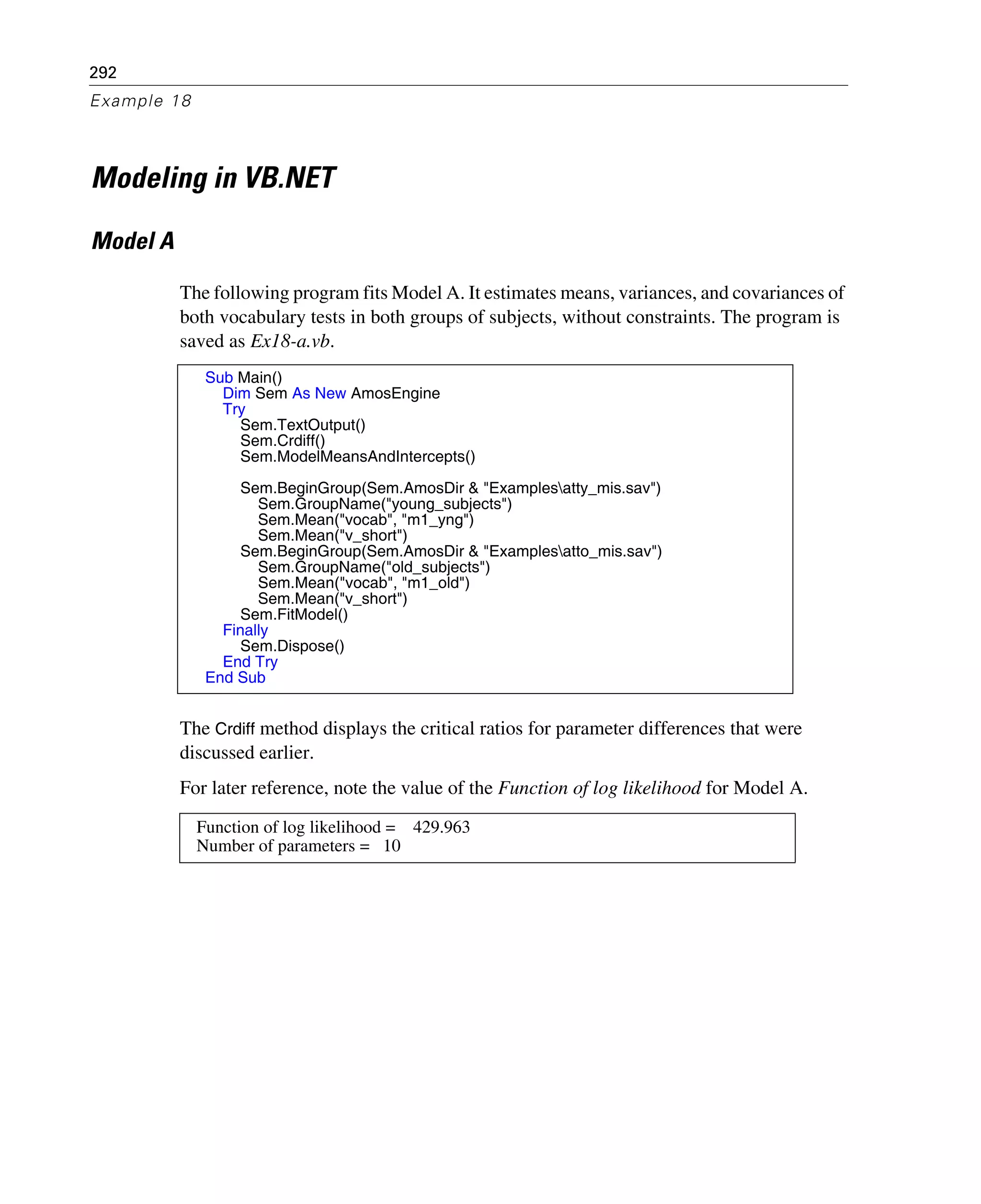 292
Example 18
Modeling in VB.NET
Model A
The following program fits Model A. It estimates means, variances, and covariances of
both vocabulary tests in both groups of subjects, without constraints. The program is
saved as Ex18-a.vb.
The Crdiff method displays the critical ratios for parameter differences that were
discussed earlier.
For later reference, note the value of the Function of log likelihood for Model A.
Sub Main()
Dim Sem As New AmosEngine
Try
Sem.TextOutput()
Sem.Crdiff()
Sem.ModelMeansAndIntercepts()
Sem.BeginGroup(Sem.AmosDir & "Examplesatty_mis.sav")
Sem.GroupName("young_subjects")
Sem.Mean("vocab", "m1_yng")
Sem.Mean("v_short")
Sem.BeginGroup(Sem.AmosDir & "Examplesatto_mis.sav")
Sem.GroupName("old_subjects")
Sem.Mean("vocab", "m1_old")
Sem.Mean("v_short")
Sem.FitModel()
Finally
Sem.Dispose()
End Try
End Sub
Function of log likelihood = 429.963
Number of parameters = 10
 