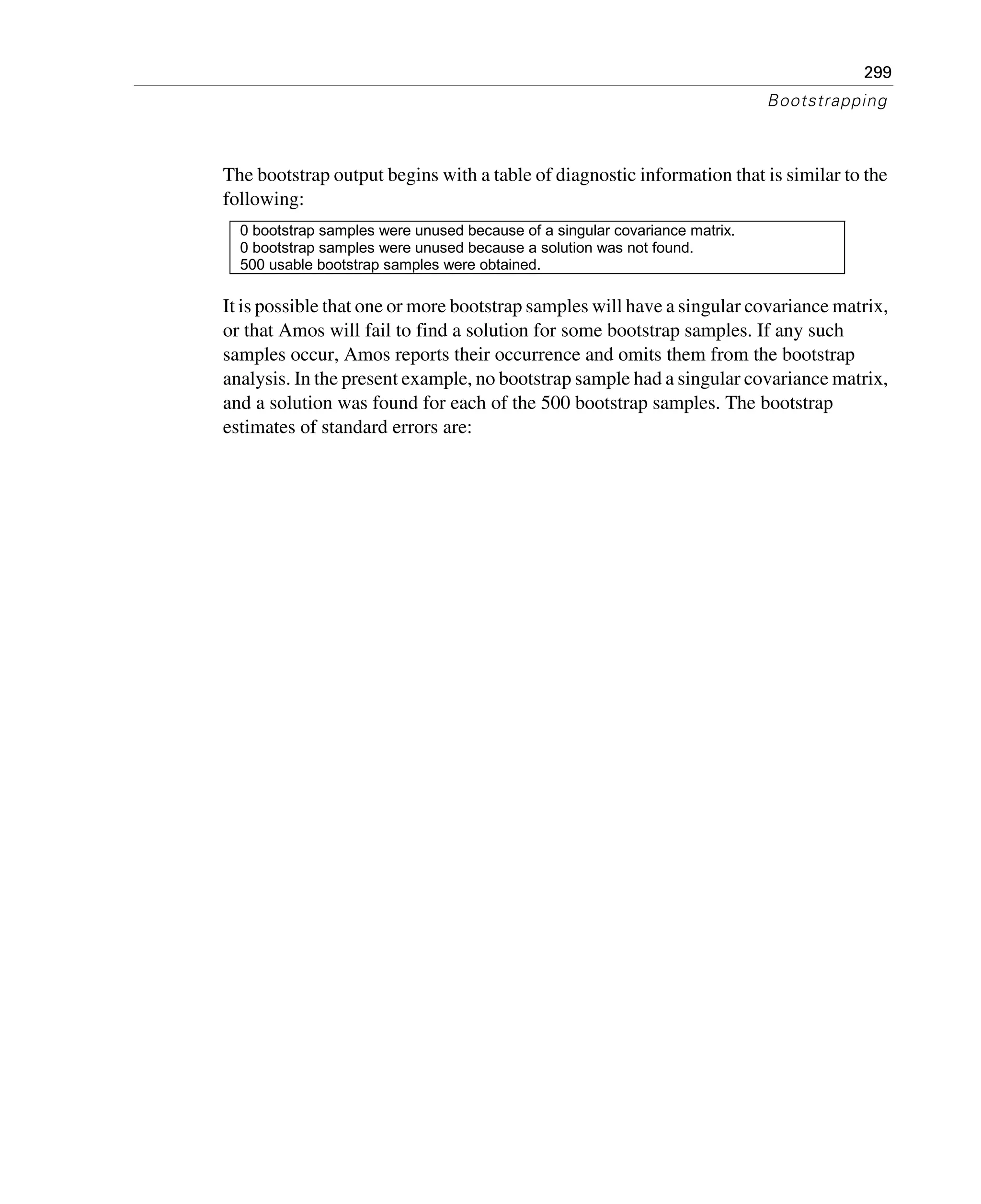 299
Bootstrapping
The bootstrap output begins with a table of diagnostic information that is similar to the
following:
It is possible that one or more bootstrap samples will have a singular covariance matrix,
or that Amos will fail to find a solution for some bootstrap samples. If any such
samples occur, Amos reports their occurrence and omits them from the bootstrap
analysis. In the present example, no bootstrap sample had a singular covariance matrix,
and a solution was found for each of the 500 bootstrap samples. The bootstrap
estimates of standard errors are:
0 bootstrap samples were unused because of a singular covariance matrix.
0 bootstrap samples were unused because a solution was not found.
500 usable bootstrap samples were obtained.
 