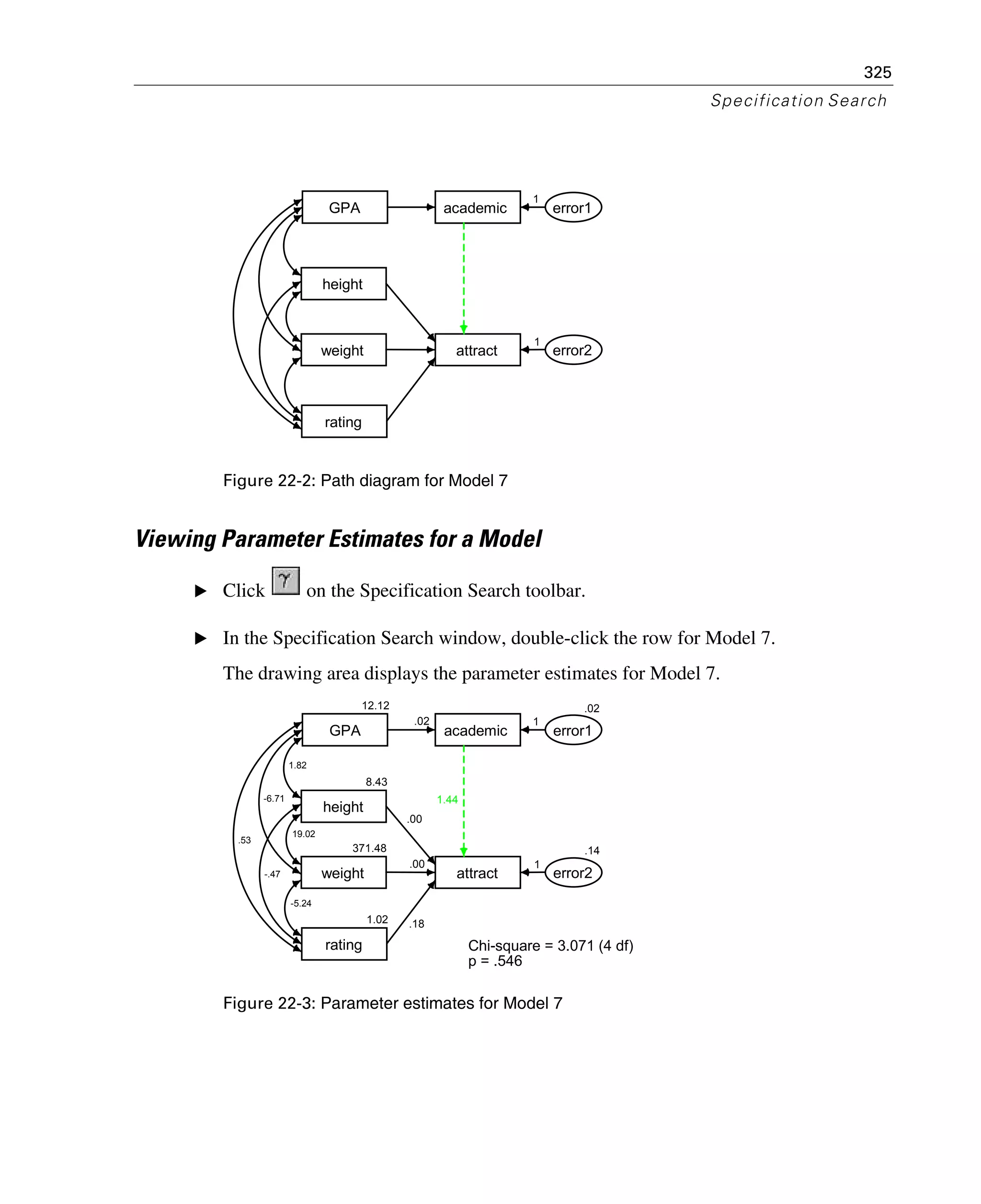 325
Specification Search
Figure 22-2: Path diagram for Model 7
Viewing Parameter Estimates for a Model
E Click on the Specification Search toolbar.
E In the Specification Search window, double-click the row for Model 7.
The drawing area displays the parameter estimates for Model 7.
Figure 22-3: Parameter estimates for Model 7
GPA
height
rating
weight
academic
attract
error1
error2
1
1
12.12
GPA
8.43
height
1.02
rating
371.48
weight
academic
attract
.02
.00
.00
.18
.02
error1
.14
error2
1
1
.53
-.47
-6.71
1.82
19.02
-5.24
1.44
Chi-square = 3.071 (4 df)
p = .546
 
