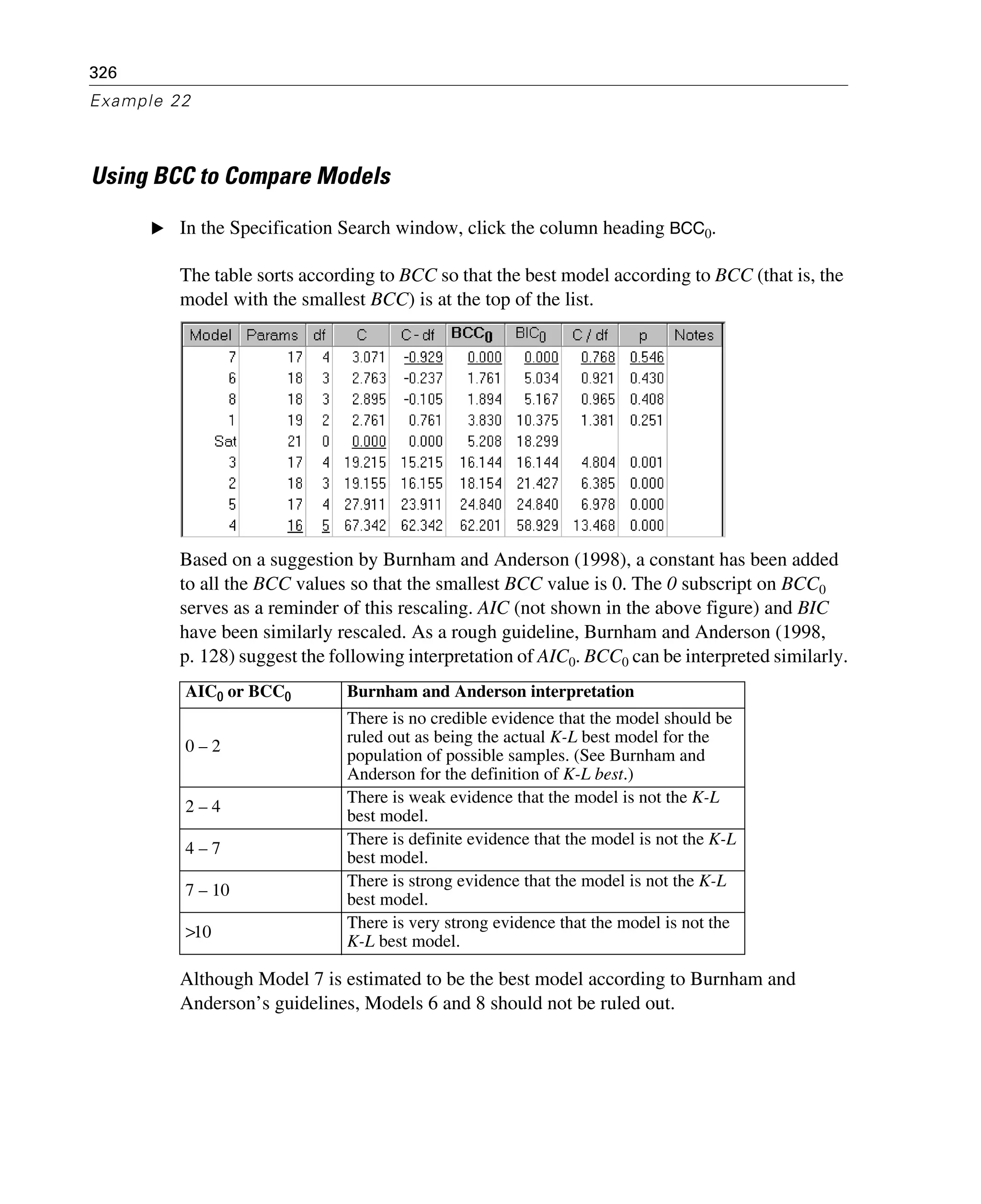326
Example 22
Using BCC to Compare Models
E In the Specification Search window, click the column heading BCC0.
The table sorts according to BCC so that the best model according to BCC (that is, the
model with the smallest BCC) is at the top of the list.
Based on a suggestion by Burnham and Anderson (1998), a constant has been added
to all the BCC values so that the smallest BCC value is 0. The 0 subscript on BCC0
serves as a reminder of this rescaling. AIC (not shown in the above figure) and BIC
have been similarly rescaled. As a rough guideline, Burnham and Anderson (1998,
p. 128) suggest the following interpretation of AIC0. BCC0 can be interpreted similarly.
Although Model 7 is estimated to be the best model according to Burnham and
Anderson’s guidelines, Models 6 and 8 should not be ruled out.
AIC0 or BCC0 Burnham and Anderson interpretation
0 – 2
There is no credible evidence that the model should be
ruled out as being the actual K-L best model for the
population of possible samples. (See Burnham and
Anderson for the definition of K-L best.)
2 – 4
There is weak evidence that the model is not the K-L
best model.
4 – 7
There is definite evidence that the model is not the K-L
best model.
7 – 10
There is strong evidence that the model is not the K-L
best model.
>10
There is very strong evidence that the model is not the
K-L best model.
 