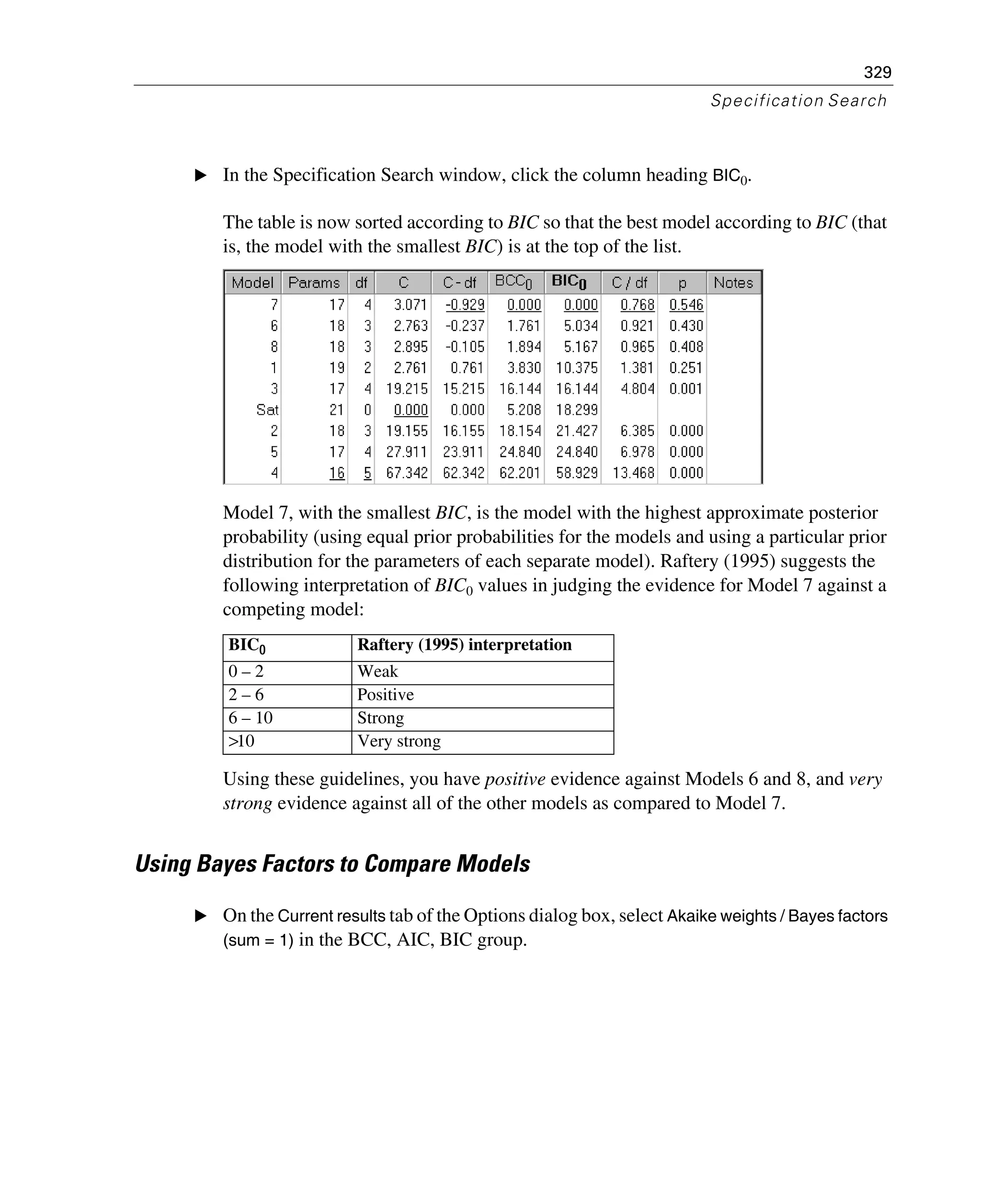 329
Specification Search
E In the Specification Search window, click the column heading BIC0.
The table is now sorted according to BIC so that the best model according to BIC (that
is, the model with the smallest BIC) is at the top of the list.
Model 7, with the smallest BIC, is the model with the highest approximate posterior
probability (using equal prior probabilities for the models and using a particular prior
distribution for the parameters of each separate model). Raftery (1995) suggests the
following interpretation of BIC0 values in judging the evidence for Model 7 against a
competing model:
Using these guidelines, you have positive evidence against Models 6 and 8, and very
strong evidence against all of the other models as compared to Model 7.
Using Bayes Factors to Compare Models
E On the Current results tab of the Options dialog box, select Akaike weights / Bayes factors
(sum = 1) in the BCC, AIC, BIC group.
BIC0 Raftery (1995) interpretation
0 – 2 Weak
2 – 6 Positive
6 – 10 Strong
>10 Very strong
 