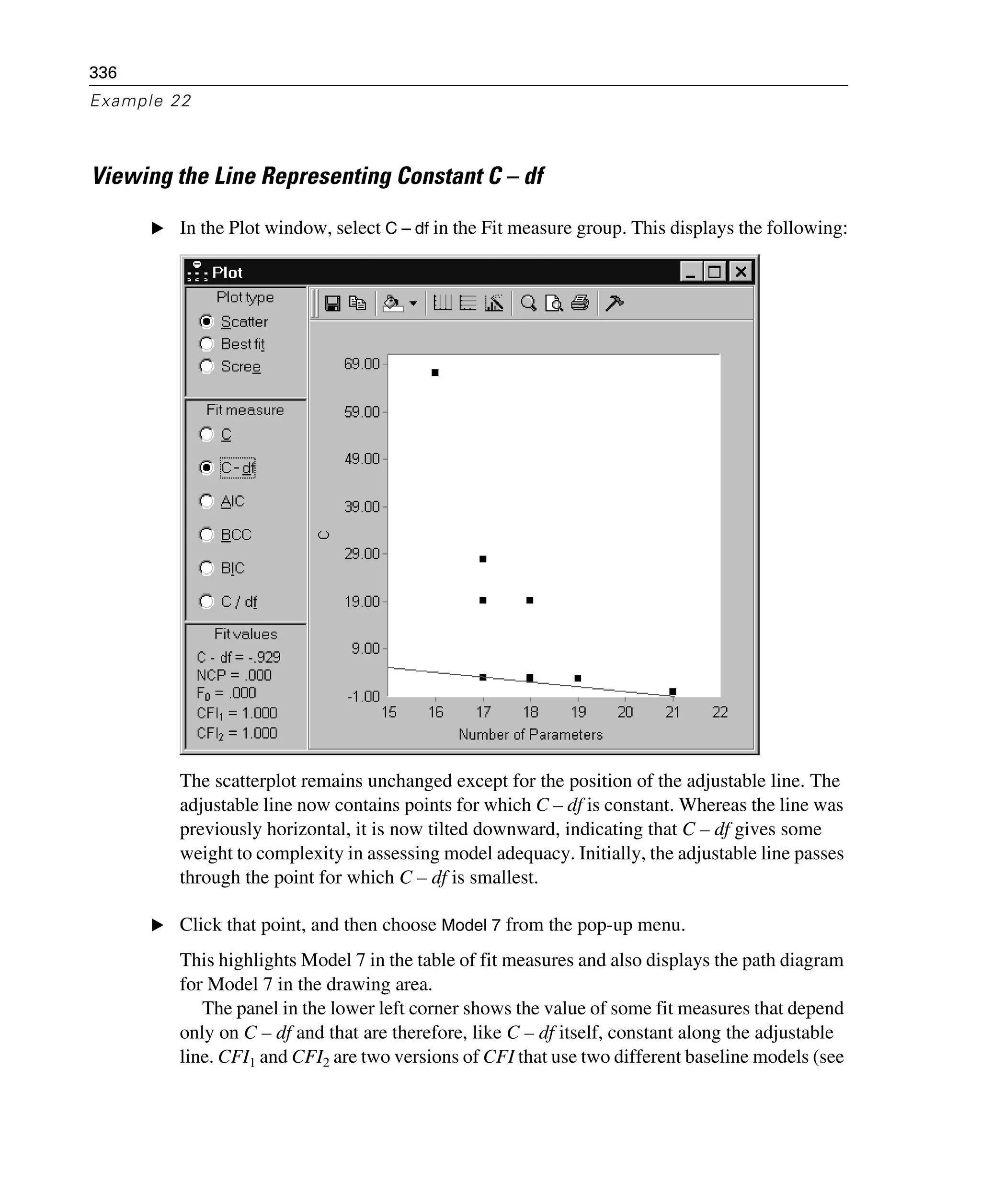 336
Example 22
Viewing the Line Representing Constant C – df
E In the Plot window, select C – df in the Fit measure group. This displays the following:
The scatterplot remains unchanged except for the position of the adjustable line. The
adjustable line now contains points for which C – df is constant. Whereas the line was
previously horizontal, it is now tilted downward, indicating that C – df gives some
weight to complexity in assessing model adequacy. Initially, the adjustable line passes
through the point for which C – df is smallest.
E Click that point, and then choose Model 7 from the pop-up menu.
This highlights Model 7 in the table of fit measures and also displays the path diagram
for Model 7 in the drawing area.
The panel in the lower left corner shows the value of some fit measures that depend
only on C – df and that are therefore, like C – df itself, constant along the adjustable
line. CFI1 and CFI2 are two versions of CFI that use two different baseline models (see
 