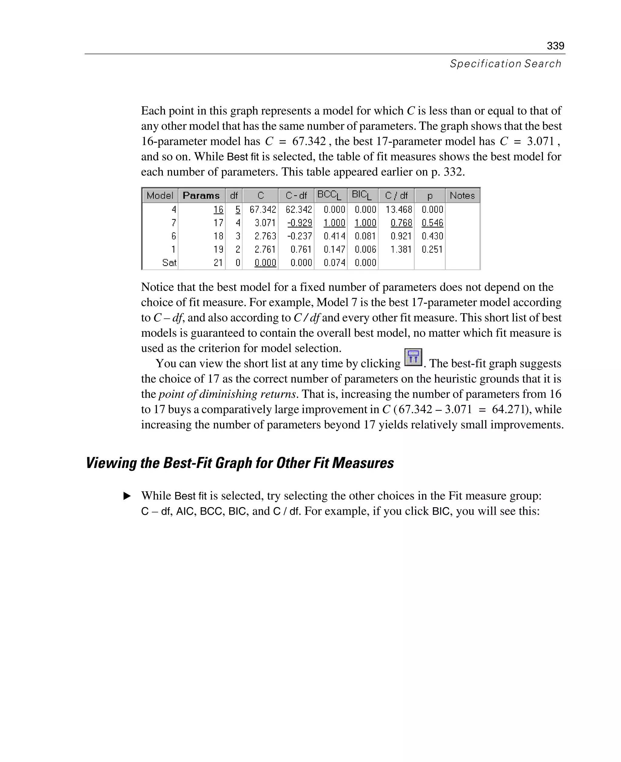 339
Specification Search
Each point in this graph represents a model for which C is less than or equal to that of
any other model that has the same number of parameters. The graph shows that the best
16-parameter model has , the best 17-parameter model has ,
and so on. While Best fit is selected, the table of fit measures shows the best model for
each number of parameters. This table appeared earlier on p. 332.
Notice that the best model for a fixed number of parameters does not depend on the
choice of fit measure. For example, Model 7 is the best 17-parameter model according
to C – df, and also according to C / df and every other fit measure. This short list of best
models is guaranteed to contain the overall best model, no matter which fit measure is
used as the criterion for model selection.
You can view the short list at any time by clicking . The best-fit graph suggests
the choice of 17 as the correct number of parameters on the heuristic grounds that it is
the point of diminishing returns. That is, increasing the number of parameters from 16
to 17 buys a comparatively large improvement in C ( ), while
increasing the number of parameters beyond 17 yields relatively small improvements.
Viewing the Best-Fit Graph for Other Fit Measures
E While Best fit is selected, try selecting the other choices in the Fit measure group:
C – df, AIC, BCC, BIC, and C / df. For example, if you click BIC, you will see this:
C 67.342= C 3.071=
67.342 3.071– 64.271=
 