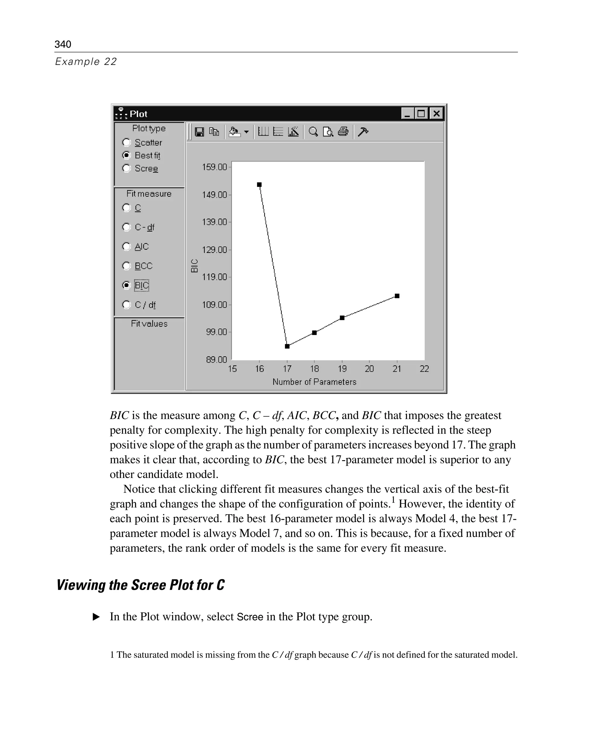 340
Example 22
BIC is the measure among C, C – df, AIC, BCC, and BIC that imposes the greatest
penalty for complexity. The high penalty for complexity is reflected in the steep
positive slope of the graph as the number of parameters increases beyond 17. The graph
makes it clear that, according to BIC, the best 17-parameter model is superior to any
other candidate model.
Notice that clicking different fit measures changes the vertical axis of the best-fit
graph and changes the shape of the configuration of points.1
However, the identity of
each point is preserved. The best 16-parameter model is always Model 4, the best 17-
parameter model is always Model 7, and so on. This is because, for a fixed number of
parameters, the rank order of models is the same for every fit measure.
Viewing the Scree Plot for C
E In the Plot window, select Scree in the Plot type group.
1 The saturated model is missing from the C / df graph because C / df is not defined for the saturated model.
 